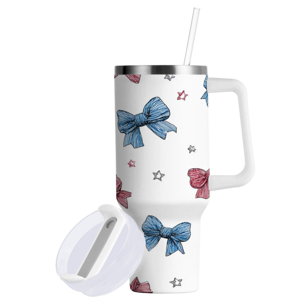 40 oz Insulated Stainless Steel Tumbler Double Wall Stainless Steel Tumbler with 2-Way Drinking Red and Blue Stripes Bows C510P