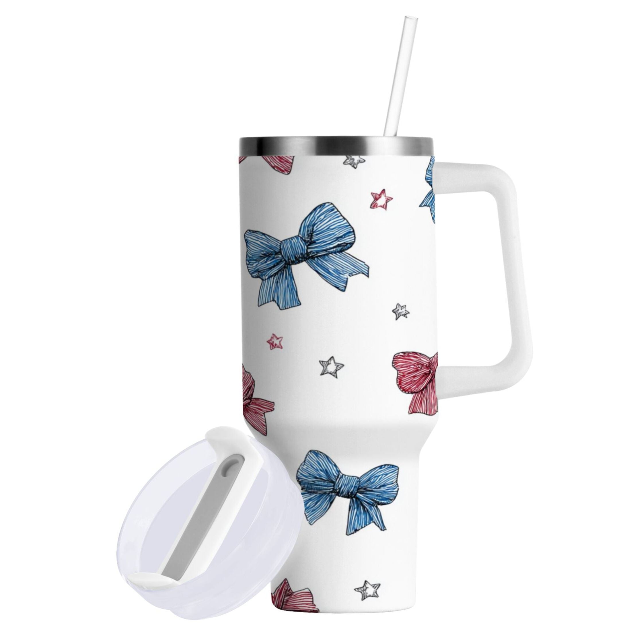 40 oz Insulated Stainless Steel Tumbler Double Wall Stainless Steel Tumbler with 2-Way Drinking Red and Blue Stripes Bows C510P