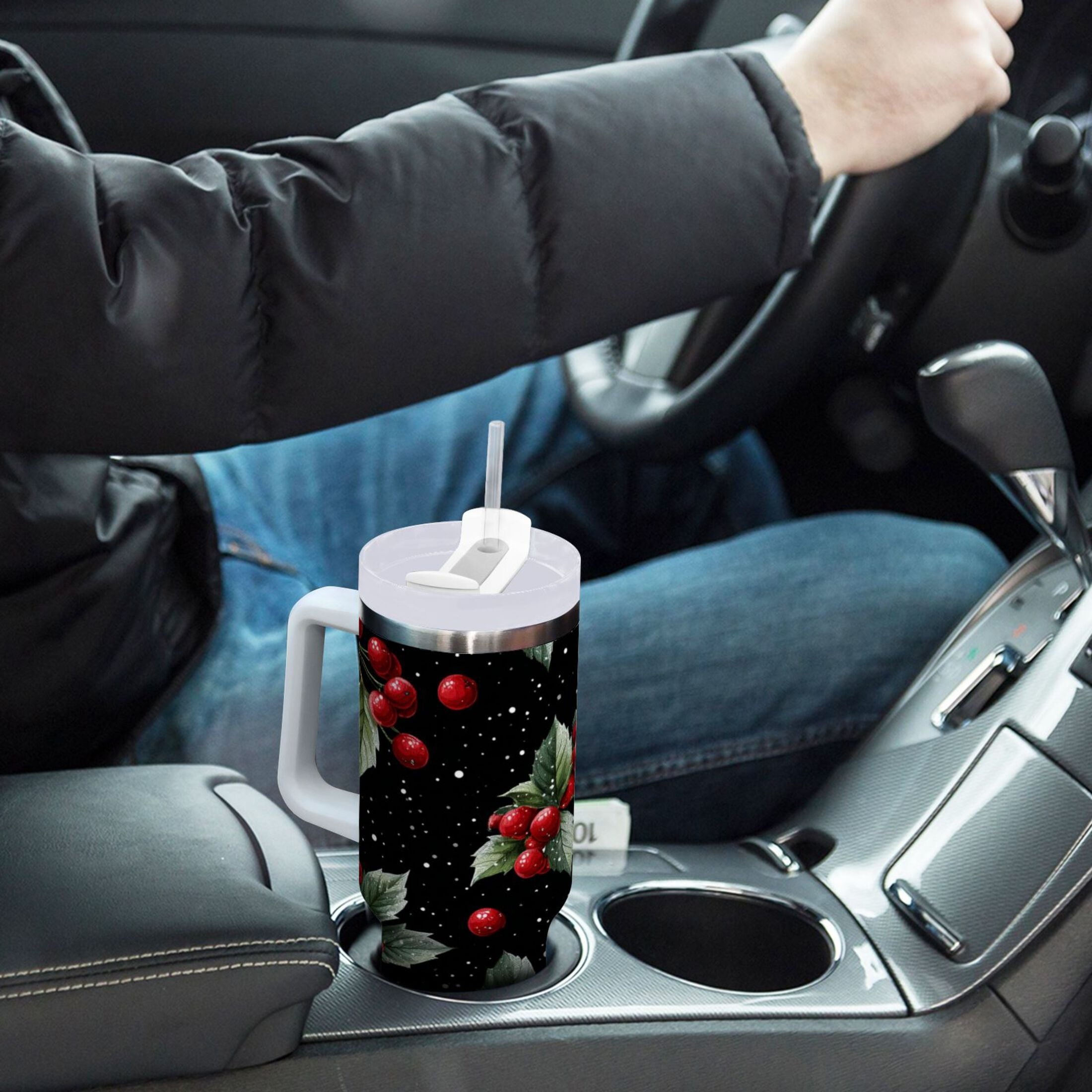40 oz Insulated Stainless Steel Tumbler Double Wall Stainless Steel Tumbler with 2-Way Drinking Red Holly Berries Pattern C652Q