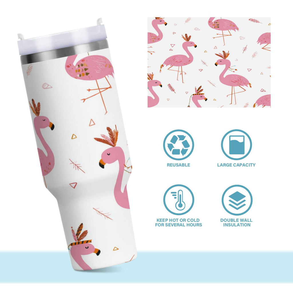 40 oz Insulated Stainless Steel Tumbler Double Wall Stainless Steel Tumbler with 2-Way Drinking Cute Pink Flamingo Pattern C515Q