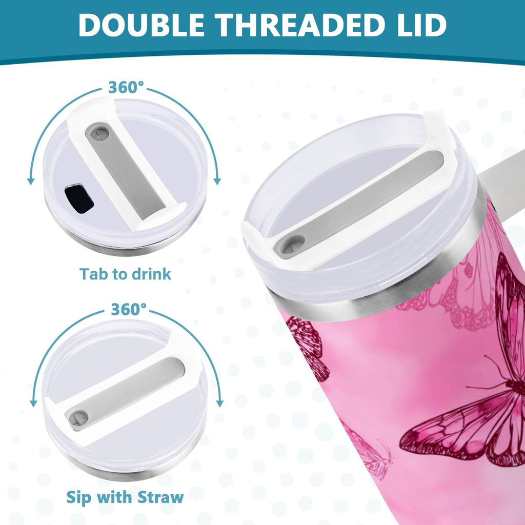 40 oz Insulated Stainless Steel Tumbler Double Wall Stainless Steel Tumbler with 2-Way Drinking Pink Butterfly Pattern C629H