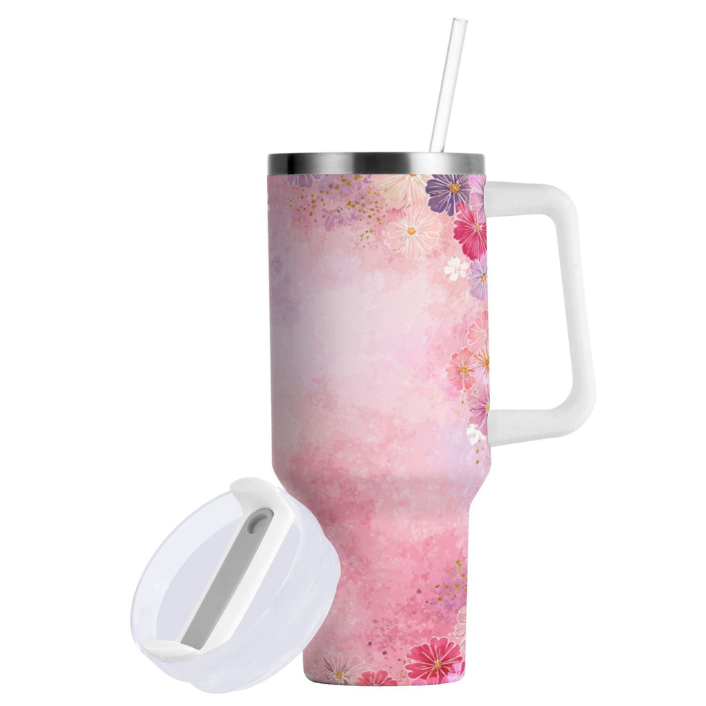30 oz Insulated Stainless Steel Tumbler Double Wall Stainless Steel Tumbler with 2-Way Drinking Colorful Pastel Floral Pattern C514B