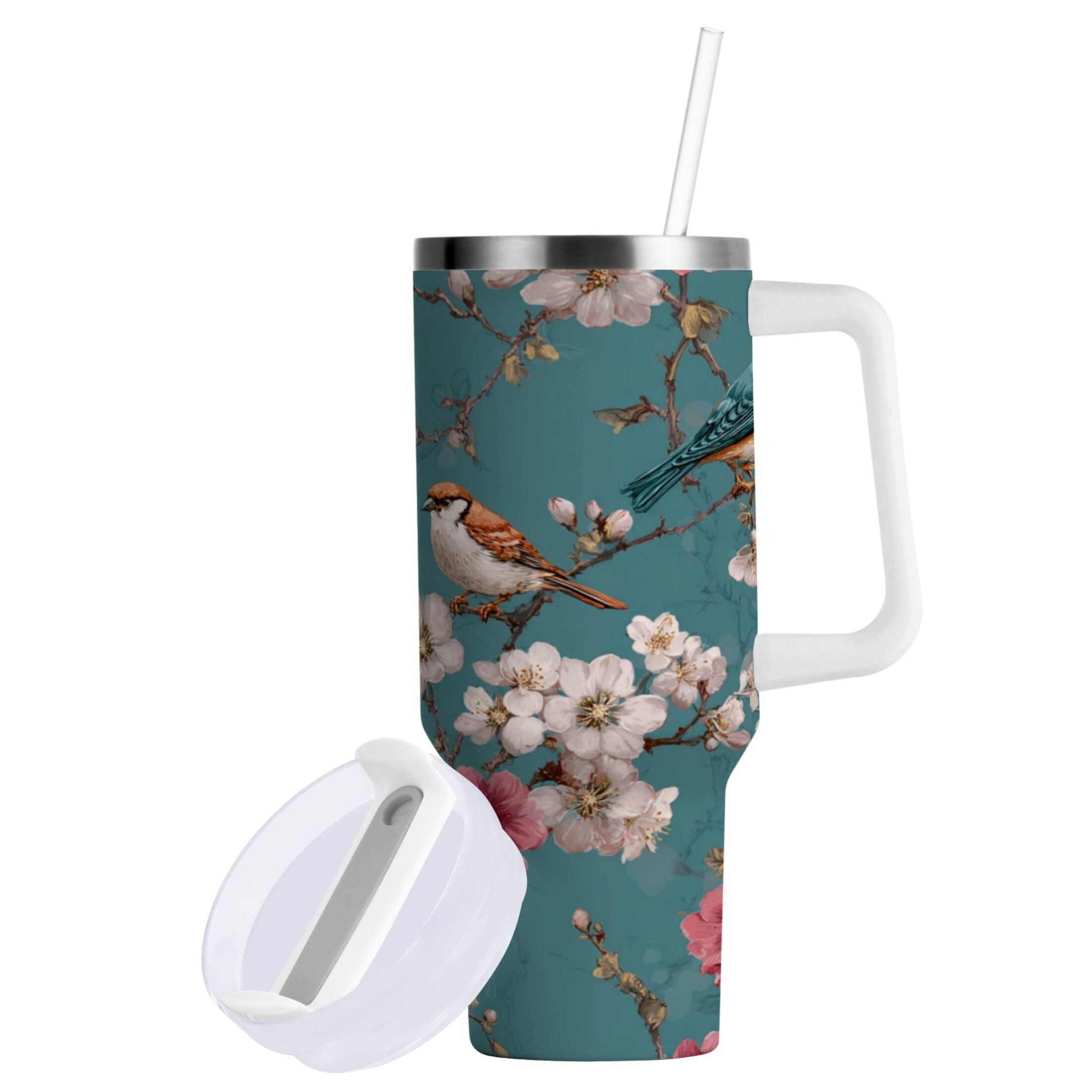 30 oz Insulated Stainless Steel Tumbler Double Wall Stainless Steel Tumbler with 2-Way Drinking Birds and Cherry Pattern C537C