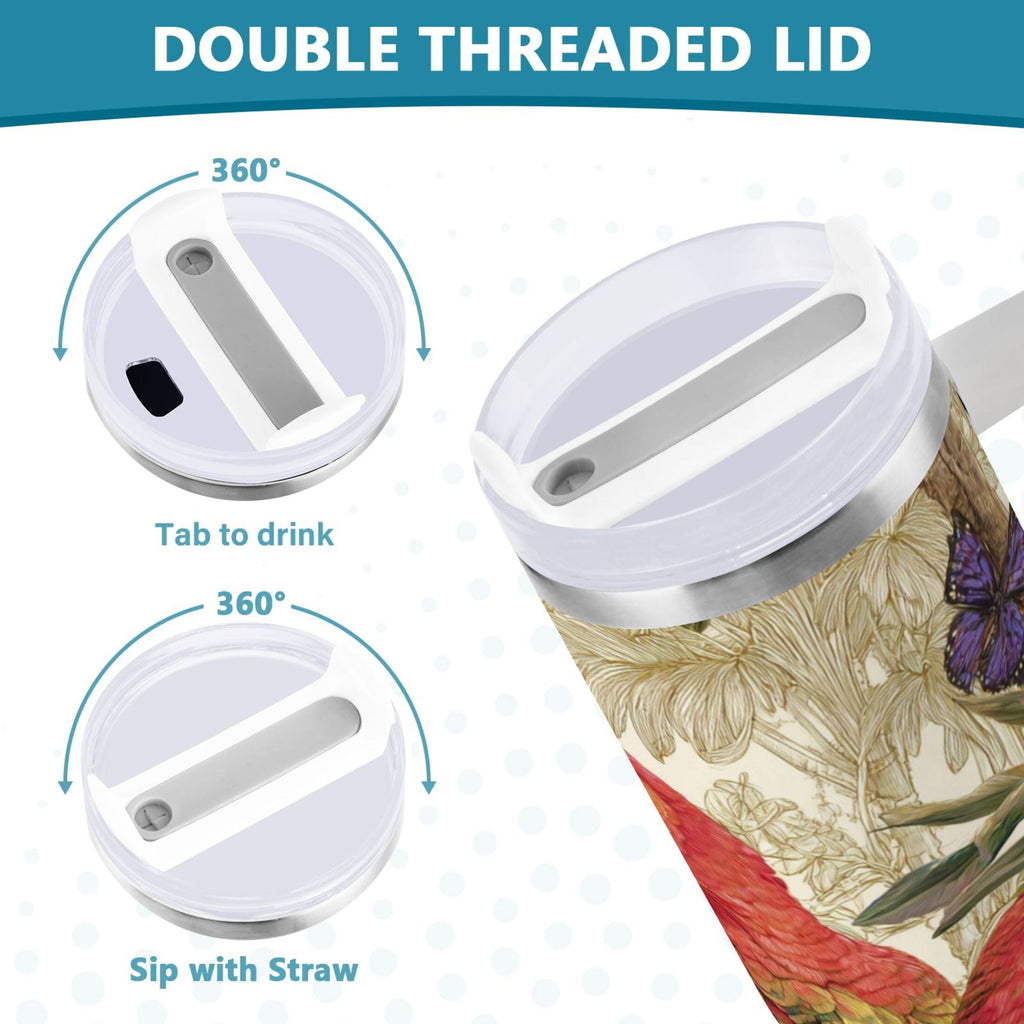 30 oz Insulated Stainless Steel Tumbler Double Wall Stainless Steel Tumbler with 2-Way Drinking Colorful Beautiful Parrots C520E
