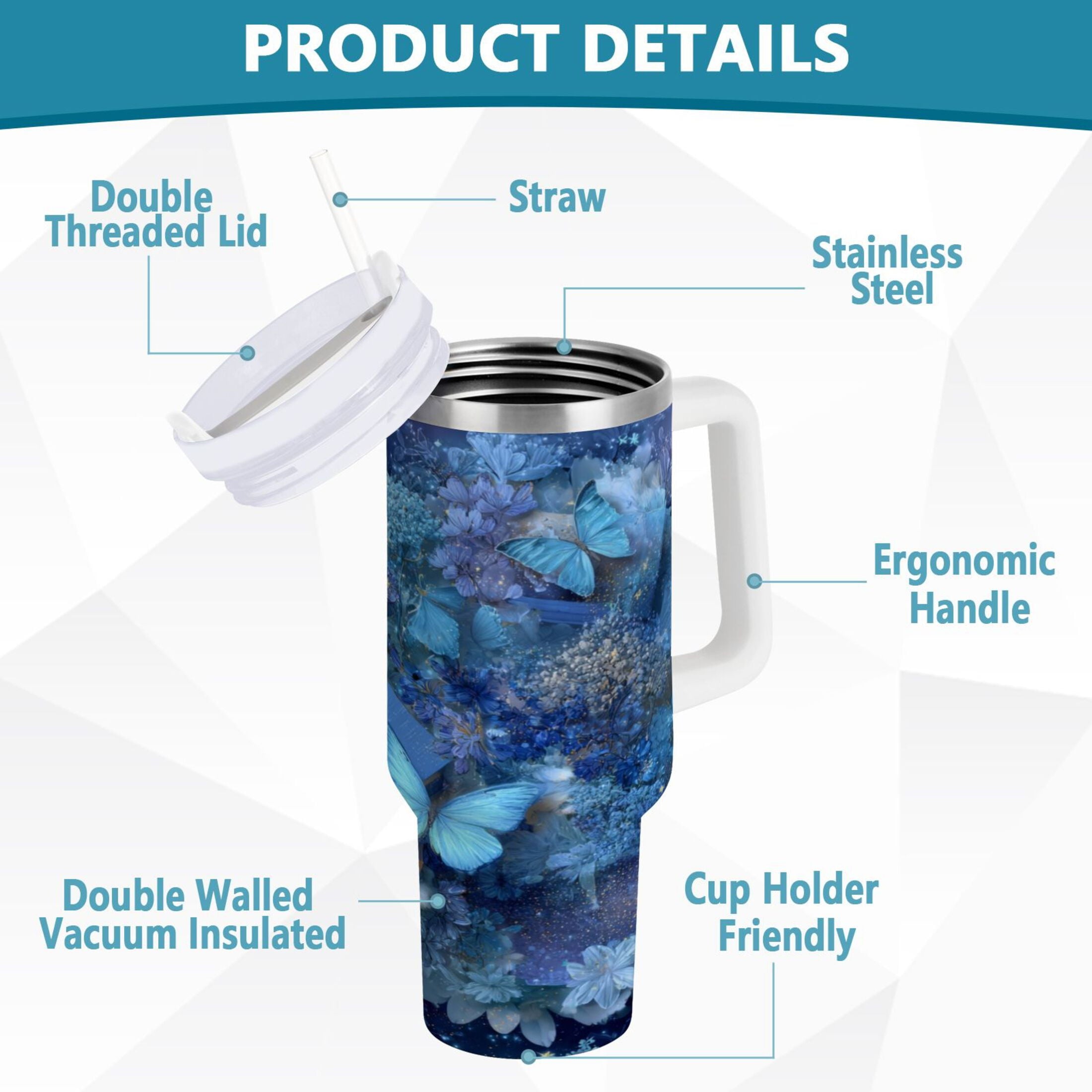 30 oz Insulated Stainless Steel Tumbler Double Wall Stainless Steel Tumbler with 2-Way Drinking Butterflies Books and Flowers C524B