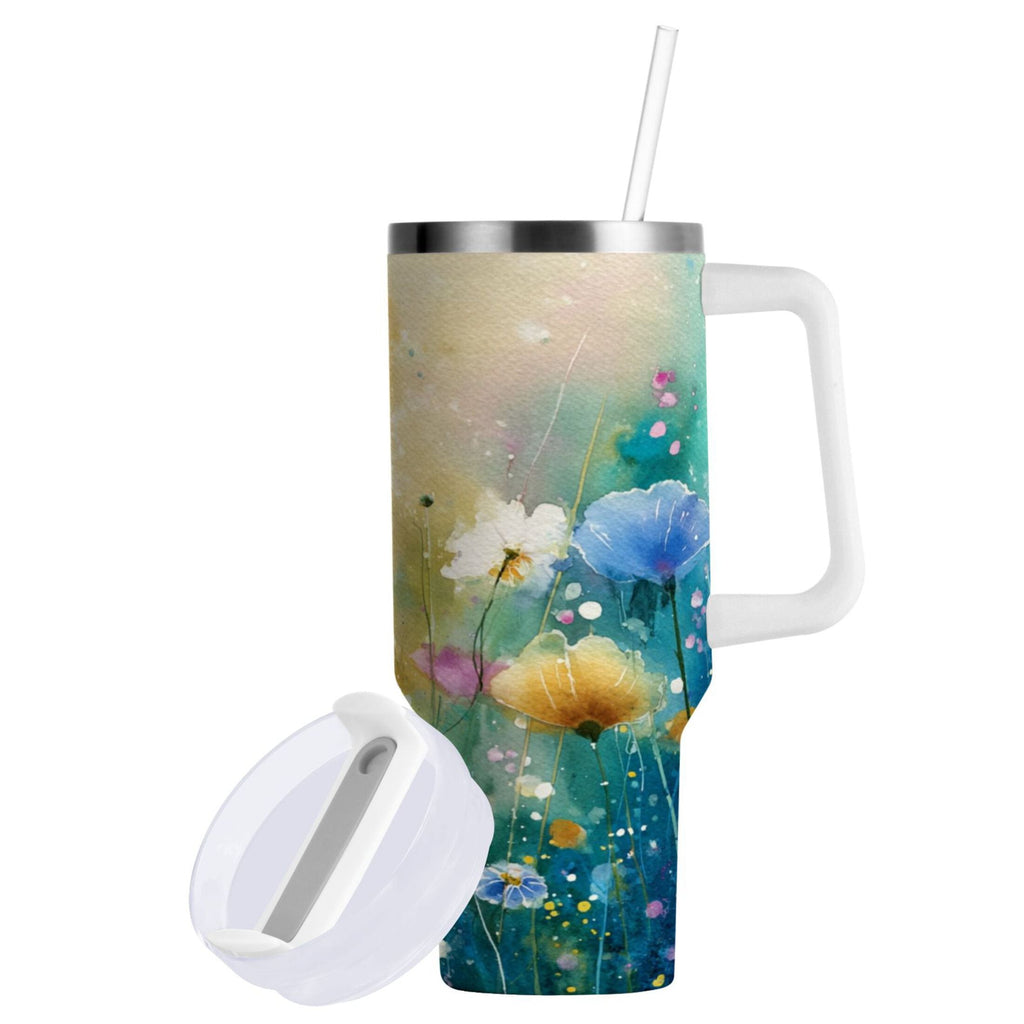 30 oz Insulated Stainless Steel Tumbler Double Wall Stainless Steel Tumbler with 2-Way Drinking Watercolor Wildflowers C563F