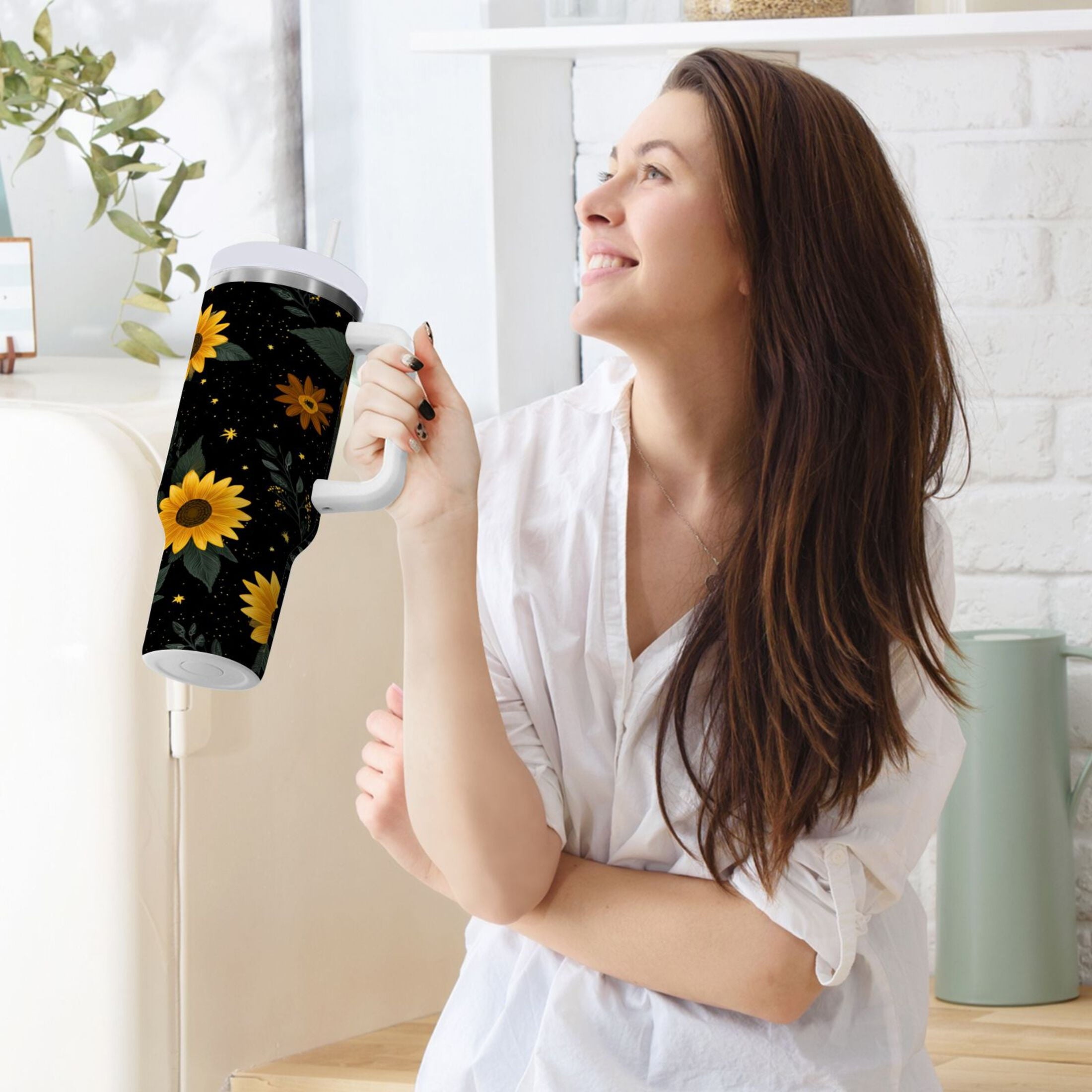 30 oz Insulated Stainless Steel Tumbler Double Wall Stainless Steel Tumbler with 2-Way Drinking Yellow Sunflower Pattern C532R