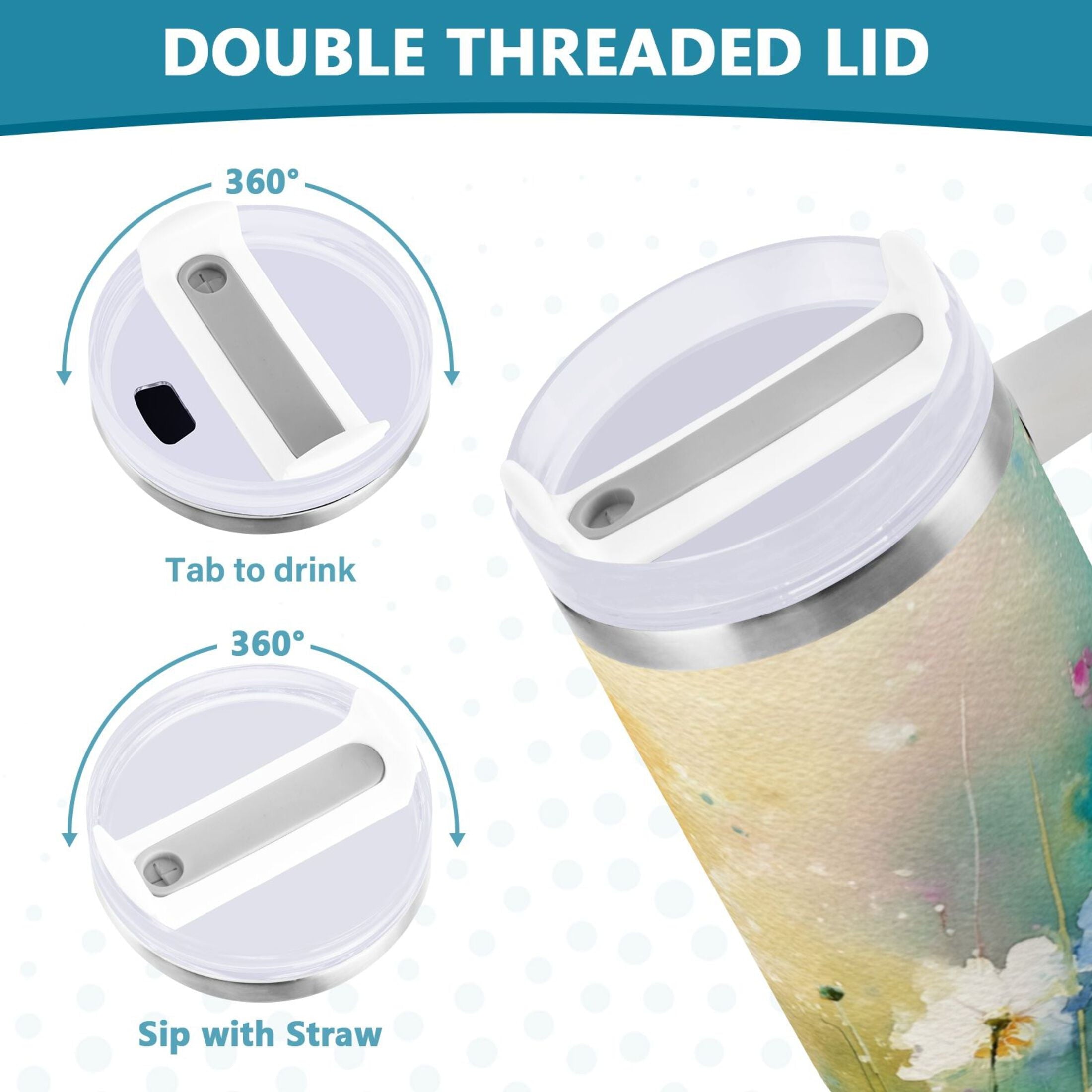 30 oz Insulated Stainless Steel Tumbler Double Wall Stainless Steel Tumbler with 2-Way Drinking Watercolor Wildflowers C563F