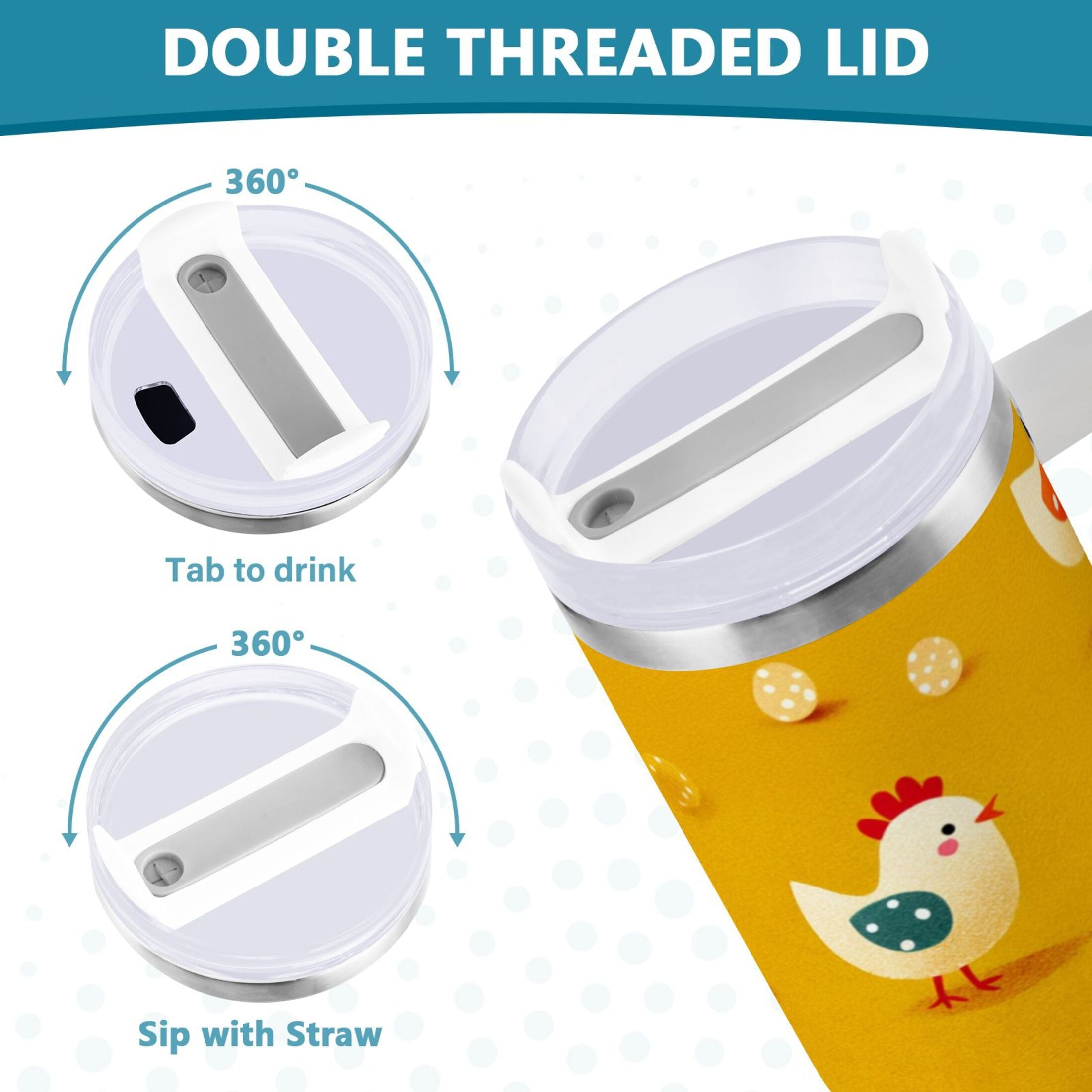 30 oz Insulated Stainless Steel Tumbler Double Wall Stainless Steel Tumbler with 2-Way Drinking Cartoon Chickens Pattern C551G