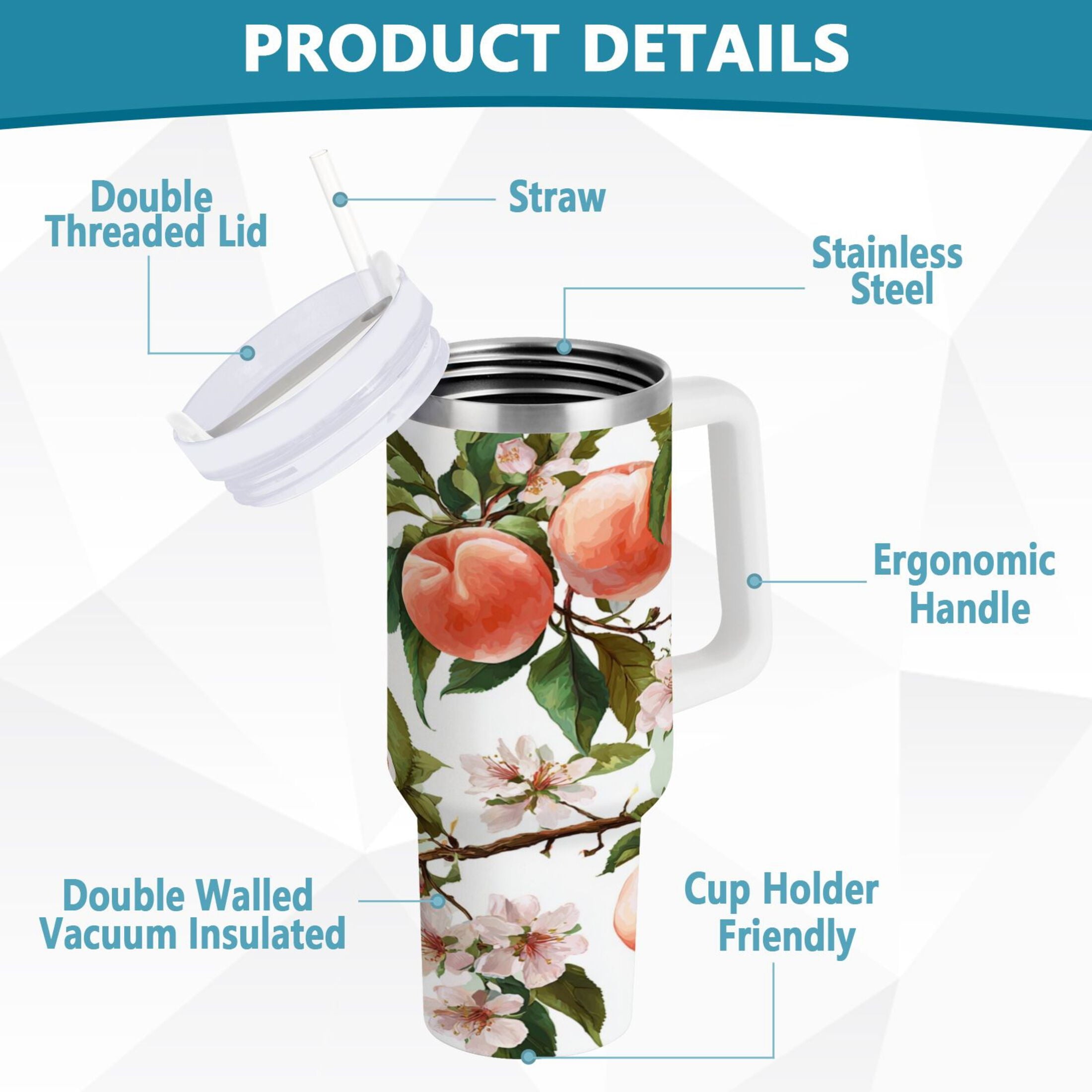 30 oz Insulated Stainless Steel Tumbler Double Wall Stainless Steel Tumbler with 2-Way Drinking Peach Fruit Pattern C503L