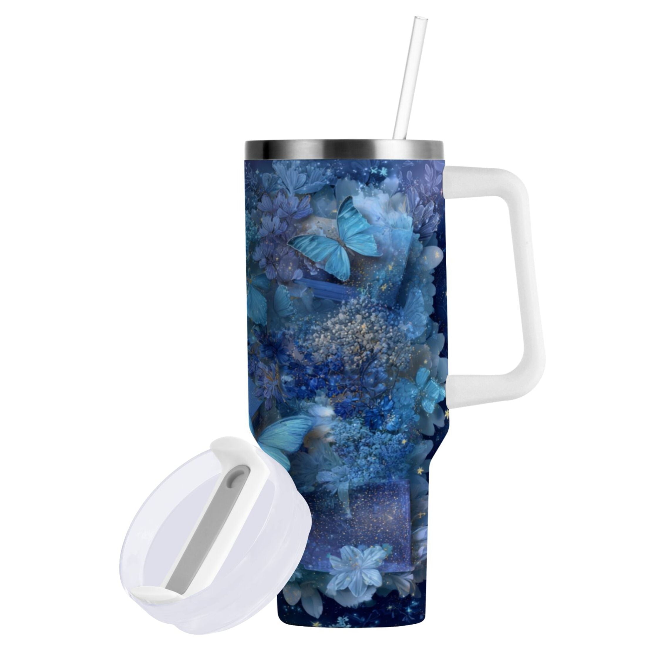 30 oz Insulated Stainless Steel Tumbler Double Wall Stainless Steel Tumbler with 2-Way Drinking Butterflies Books and Flowers C524B