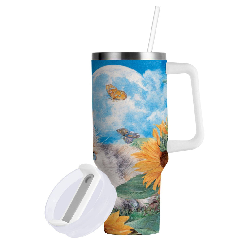40 oz Insulated Stainless Steel Tumbler Double Wall Stainless Steel Tumbler with 2-Way Drinking Playful Cat Lying Sunflowers C549F