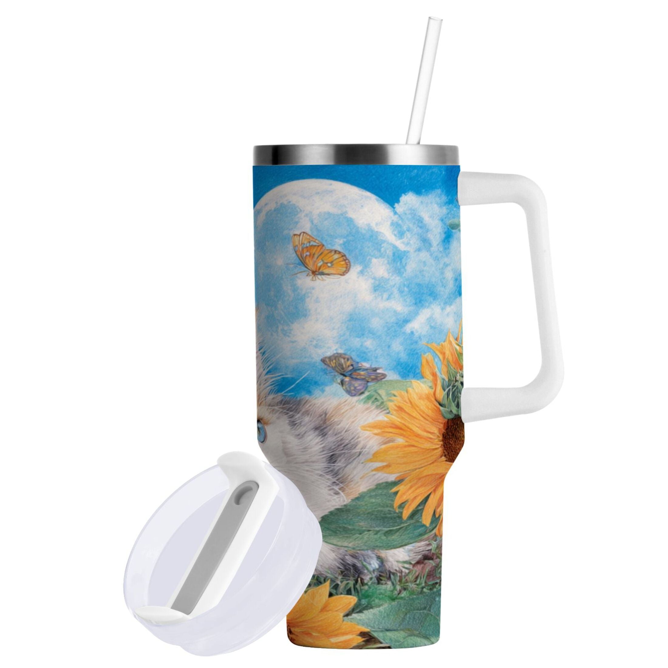 40 oz Insulated Stainless Steel Tumbler Double Wall Stainless Steel Tumbler with 2-Way Drinking Playful Cat Lying Sunflowers C549F