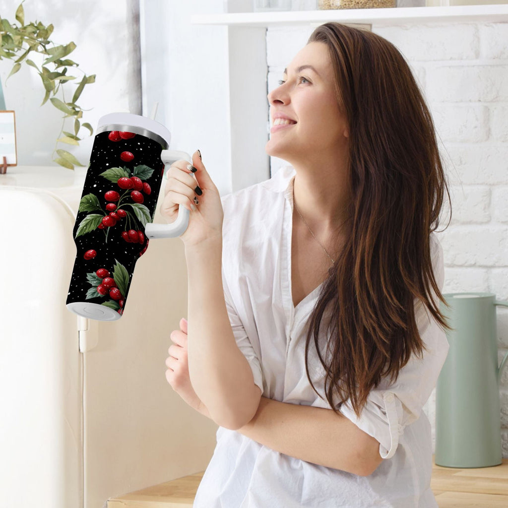 40 oz Insulated Stainless Steel Tumbler Double Wall Stainless Steel Tumbler with 2-Way Drinking Red Holly Berries Pattern C652Q