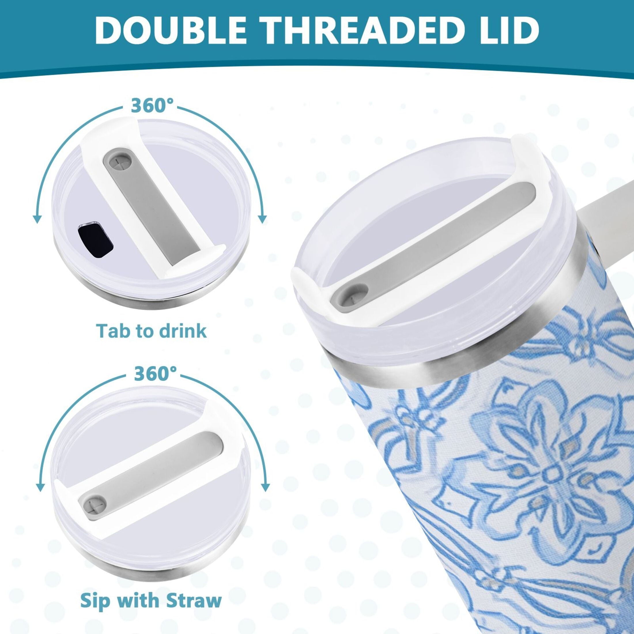 30 oz Insulated Stainless Steel Tumbler Double Wall Stainless Steel Tumbler with 2-Way Drinking Blue Elegant Geometric Design C623R