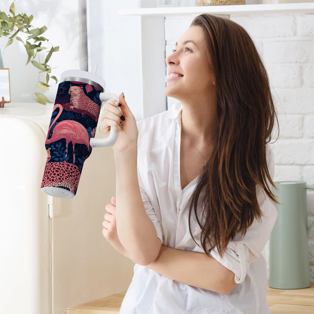 30 oz Insulated Stainless Steel Tumbler Double Wall Stainless Steel Tumbler with 2-Way Drinking Flamingos and Leopard Print C568F