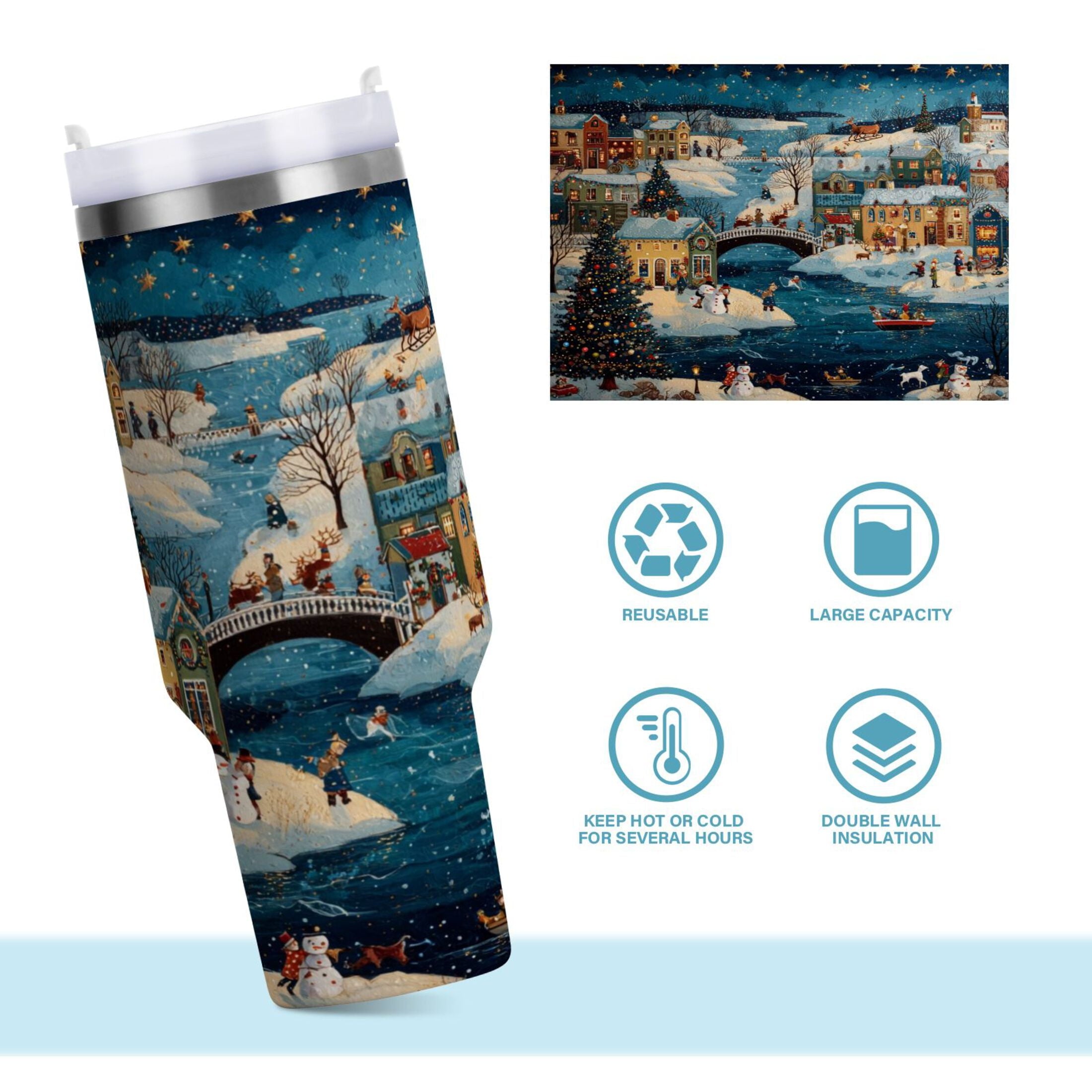 30 oz Insulated Stainless Steel Tumbler Double Wall Stainless Steel Tumbler with 2-Way Drinking Whimsical Christmas Scene C545R