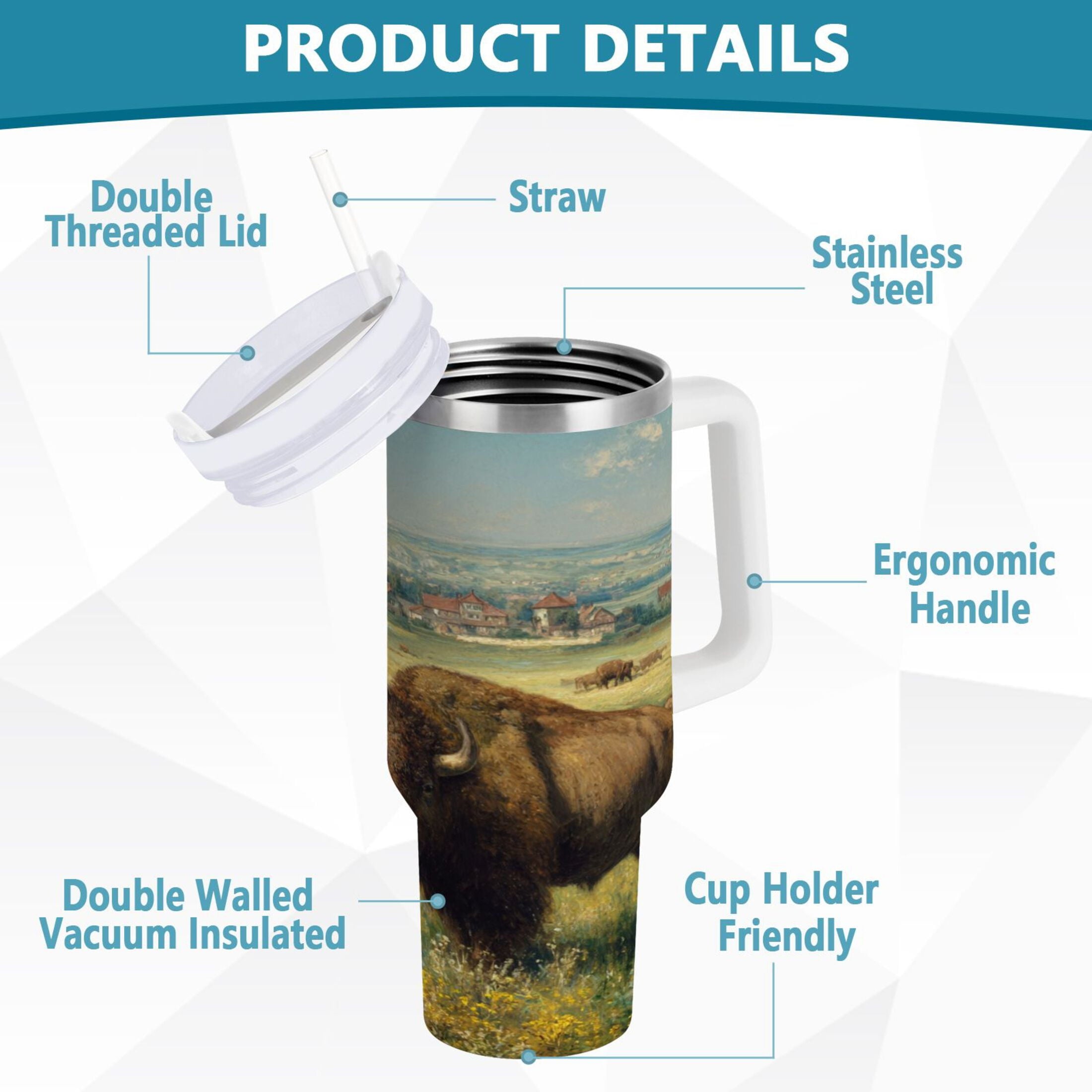 30 oz Insulated Stainless Steel Tumbler Double Wall Stainless Steel Tumbler with 2-Way Drinking Buffalo Herd Oil Painting C660X