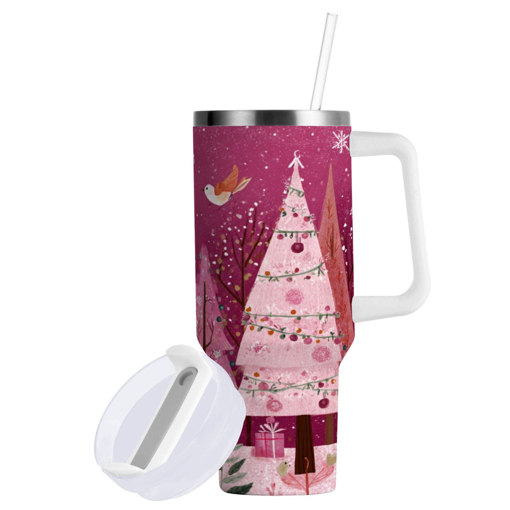 40 oz Insulated Stainless Steel Tumbler Double Wall Stainless Steel Tumbler with 2-Way Drinking Pink Christmas Forest C512J