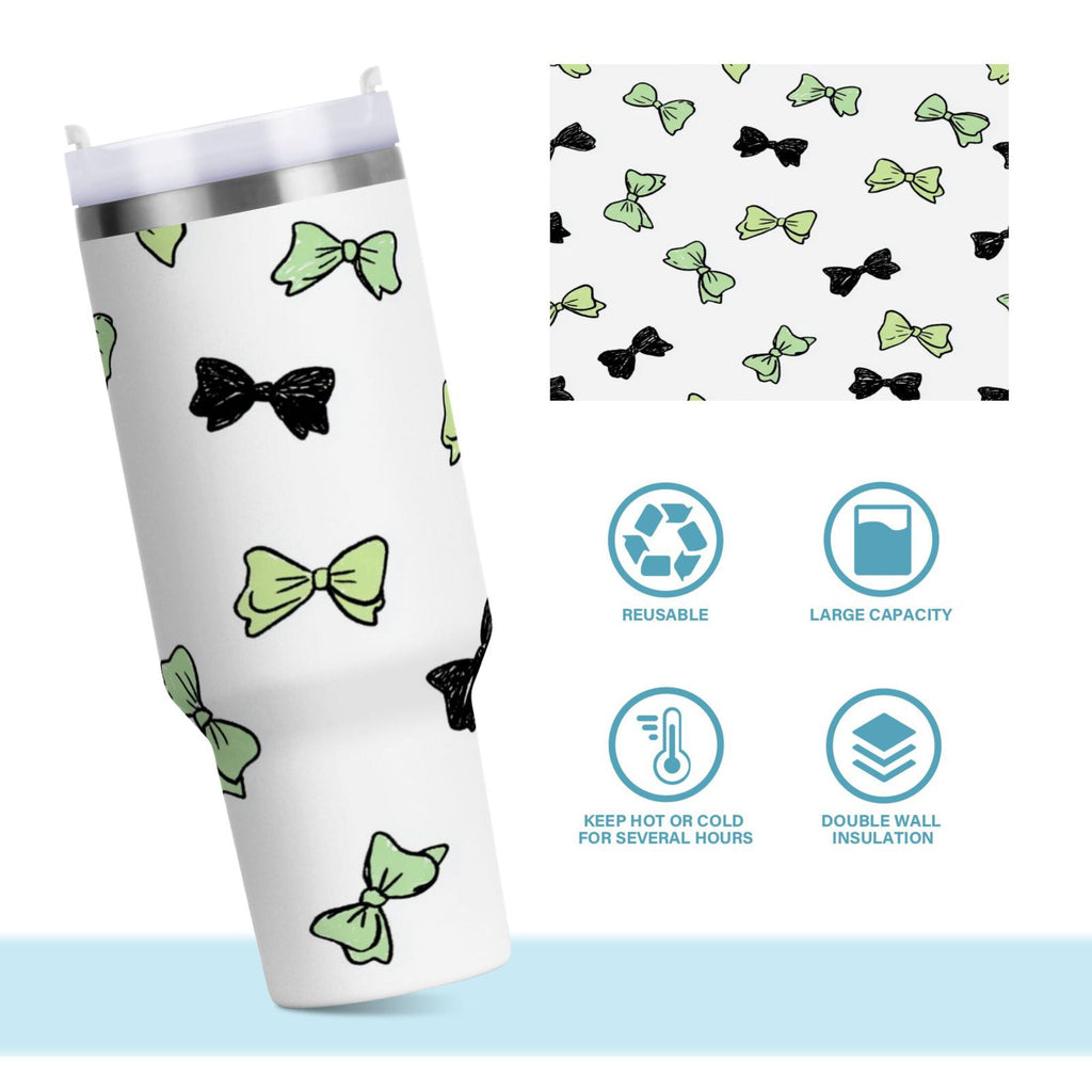 40 oz Insulated Stainless Steel Tumbler Double Wall Stainless Steel Tumbler with 2-Way Drinking Green and Black Bows C553N
