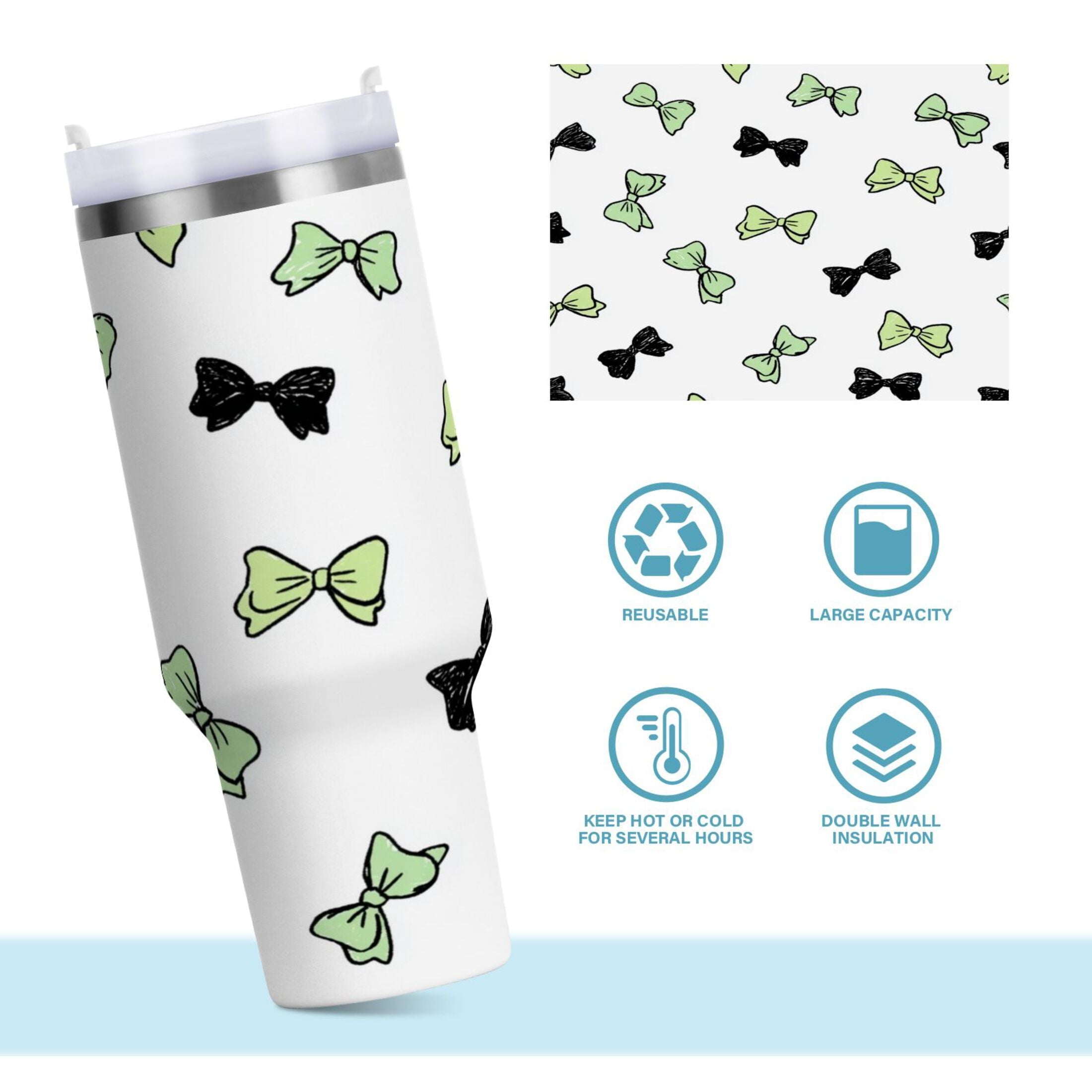40 oz Insulated Stainless Steel Tumbler Double Wall Stainless Steel Tumbler with 2-Way Drinking Green and Black Bows C553N