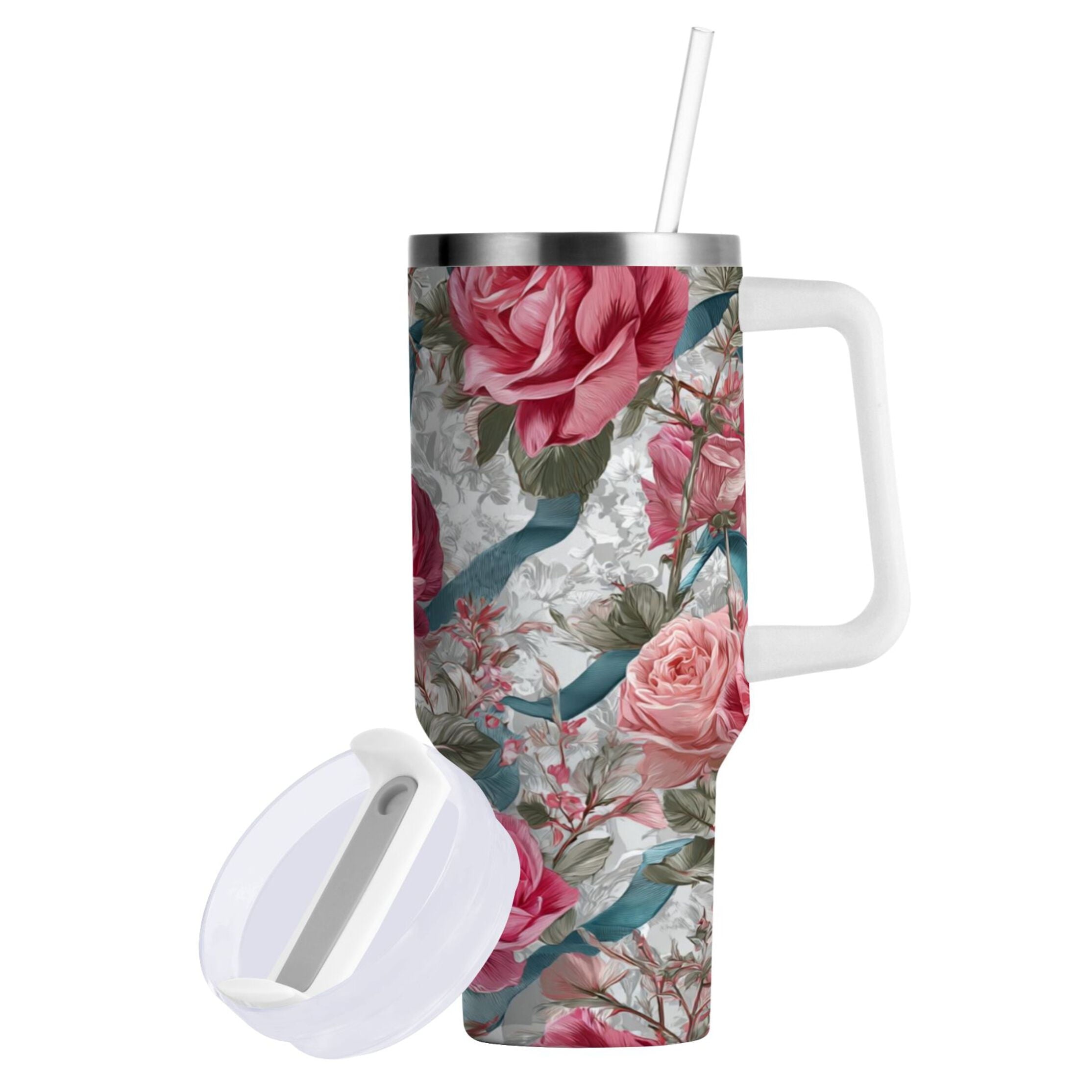 30 oz Insulated Stainless Steel Tumbler Double Wall Stainless Steel Tumbler with 2-Way Drinking Roses and Ribbons C675M