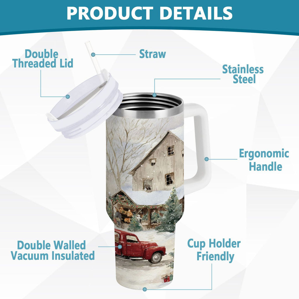 40 oz Insulated Stainless Steel Tumbler Double Wall Stainless Steel Tumbler with 2-Way Drinking Farm Snow Scene C645K