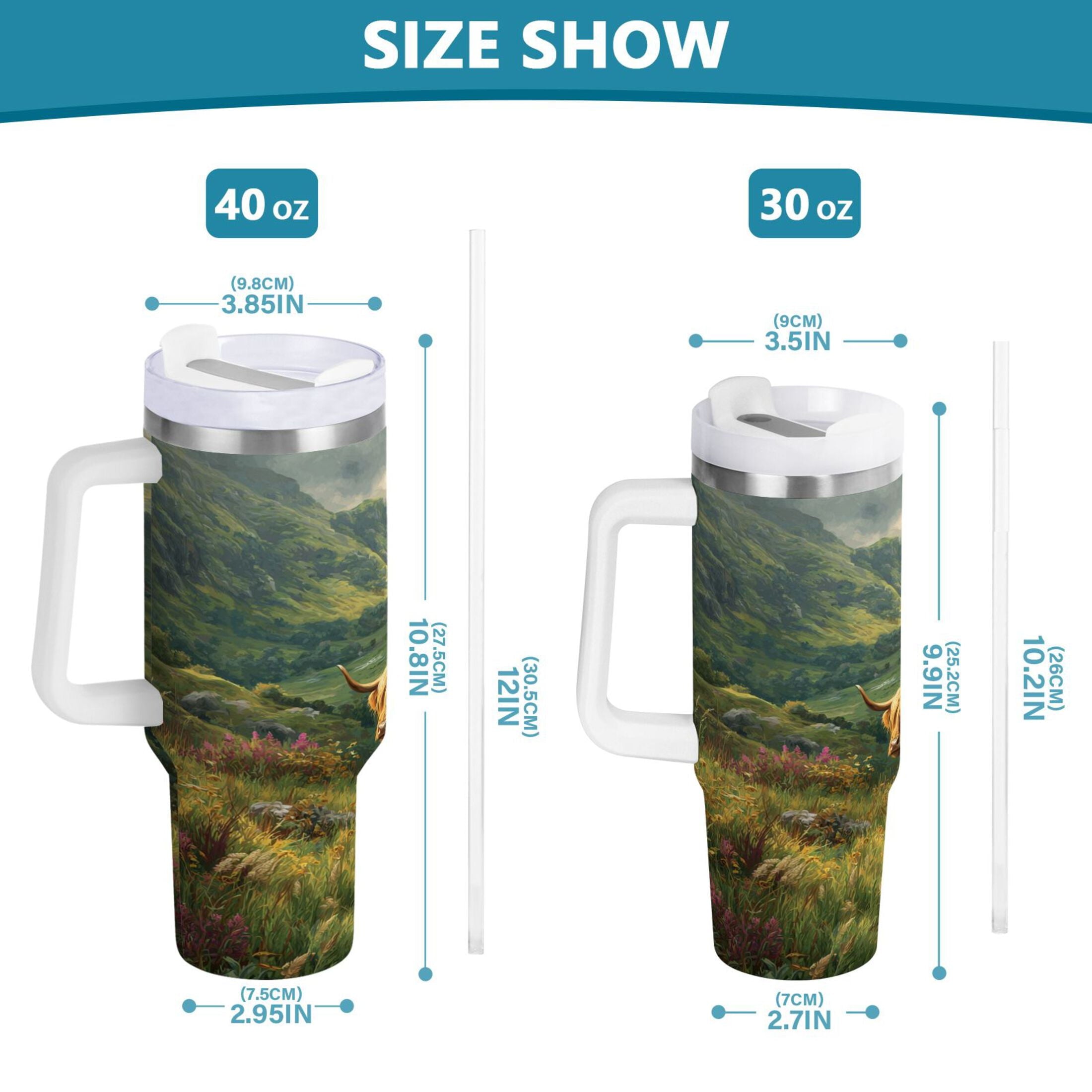 30 oz Insulated Stainless Steel Tumbler Double Wall Stainless Steel Tumbler with 2-Way Drinking Cow in Green Rolling Hills C586U