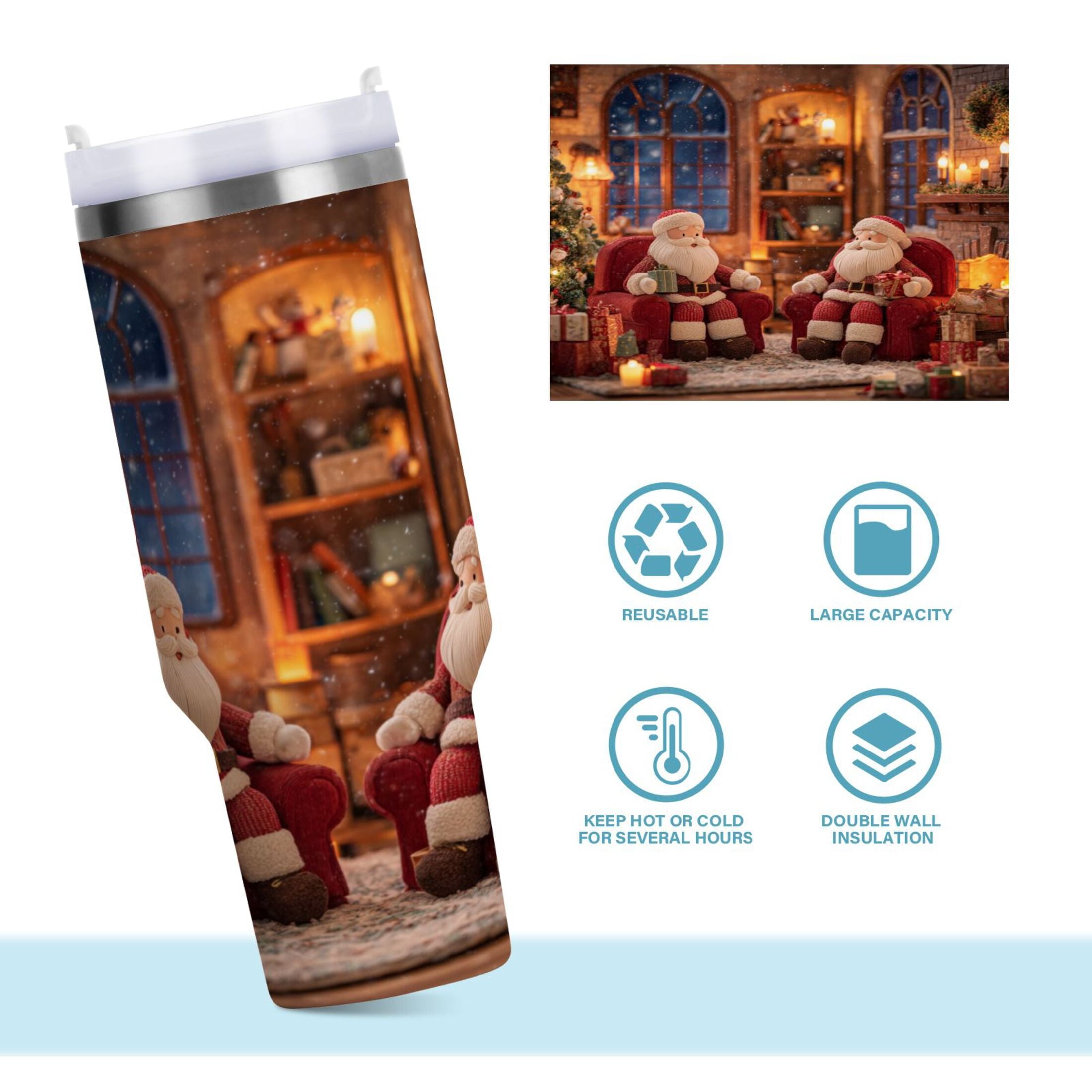 40 oz Insulated Stainless Steel Tumbler Double Wall Stainless Steel Tumbler with 2-Way Drinking Sitting Santa Claus C635V