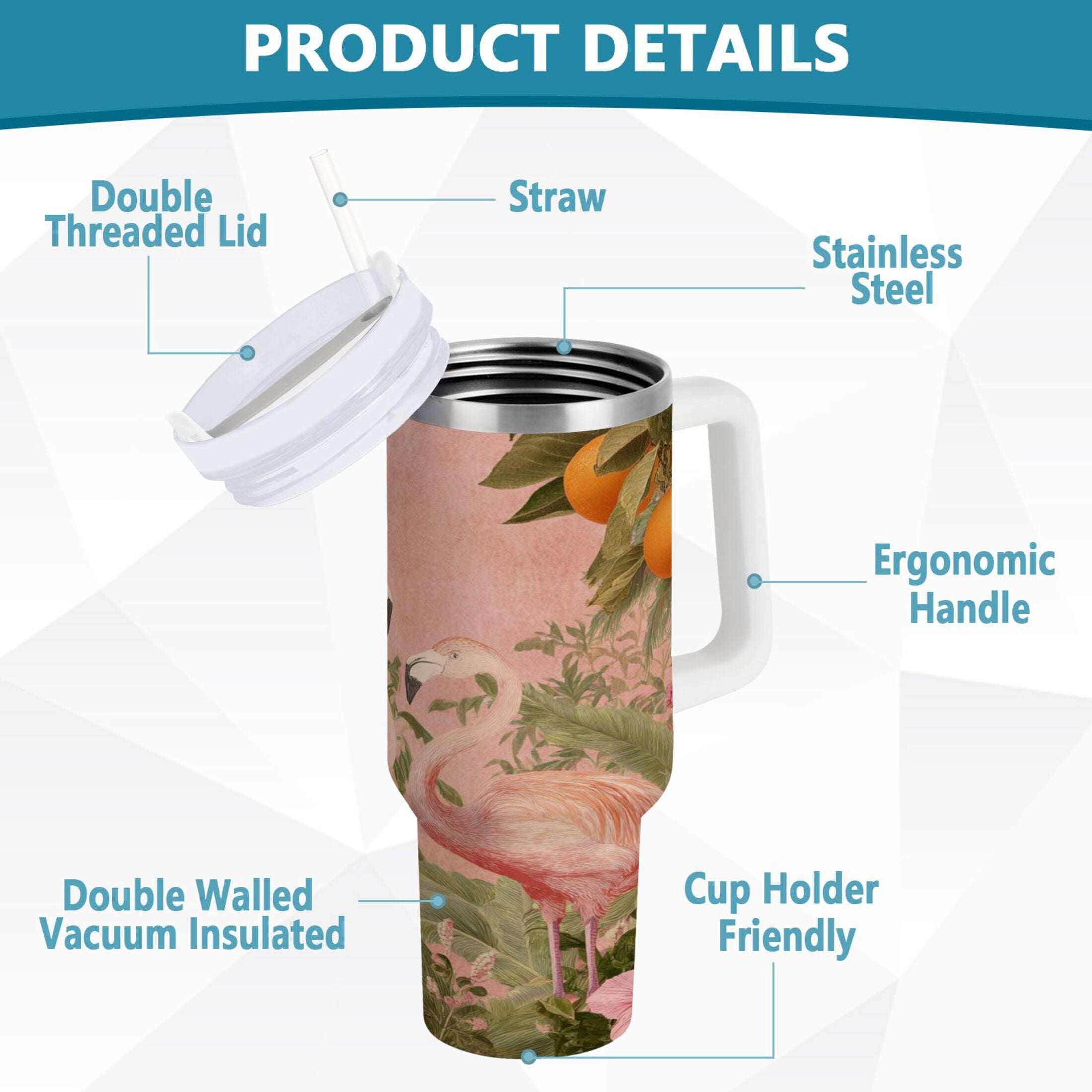 40 oz Insulated Stainless Steel Tumbler Double Wall Stainless Steel Tumbler with 2-Way Drinking Flamingos in Tropical Garden C666V