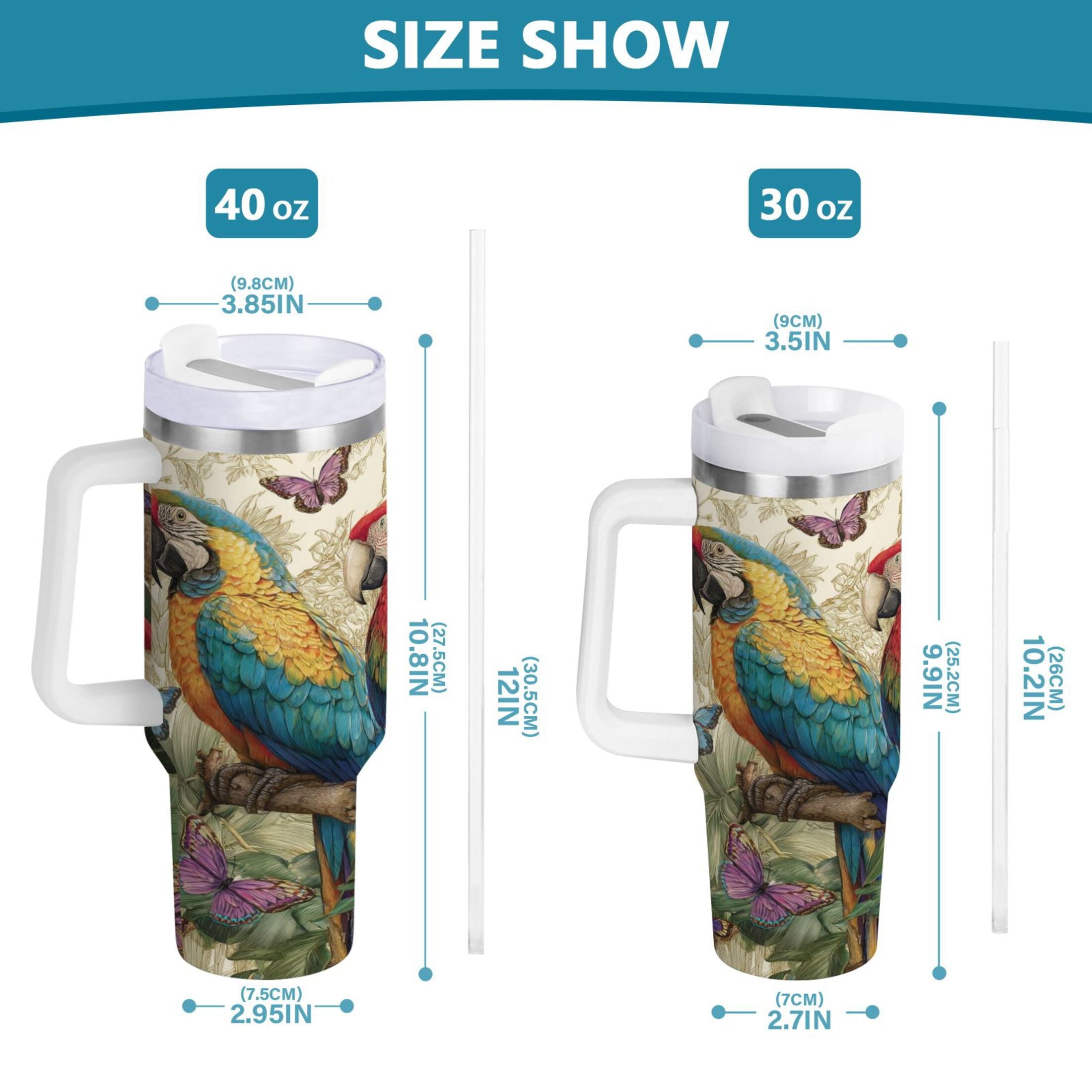 30 oz Insulated Stainless Steel Tumbler Double Wall Stainless Steel Tumbler with 2-Way Drinking Colorful Beautiful Parrots C520E