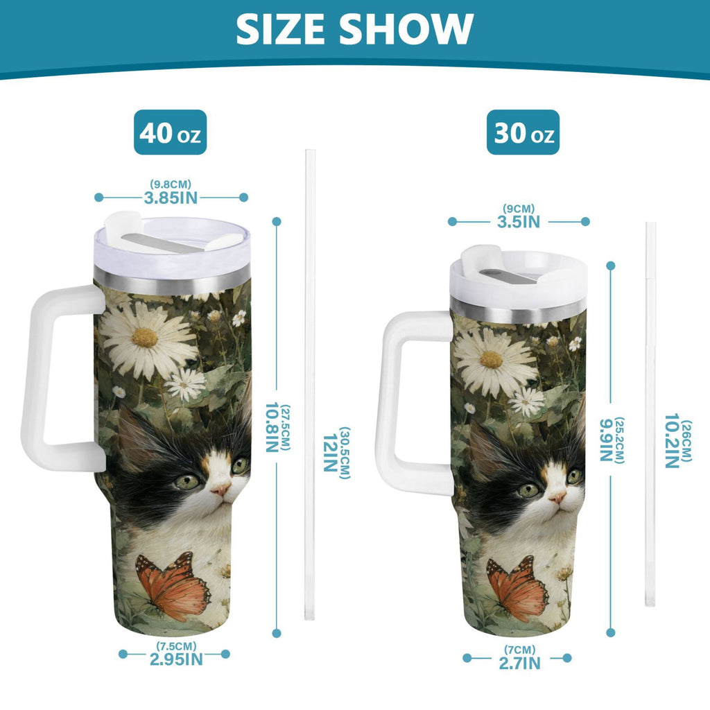 30 oz Insulated Stainless Steel Tumbler Double Wall Stainless Steel Tumbler with 2-Way Drinking Adorable Cats and Daisies C602M