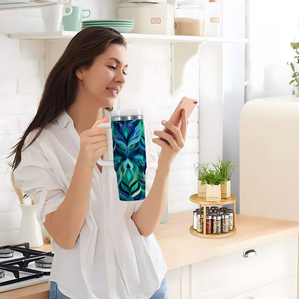 40 oz Insulated Stainless Steel Tumbler Double Wall Stainless Steel Tumbler with 2-Way Drinking Elegant Blue Abstract Shapes C609M