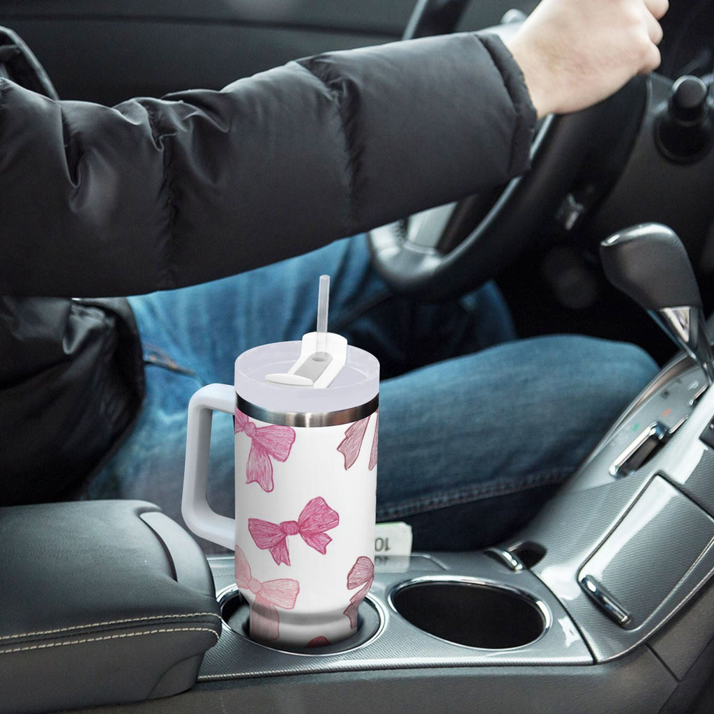 40 oz Insulated Stainless Steel Tumbler Double Wall Stainless Steel Tumbler with 2-Way Drinking Pink Bows Pattern C570E