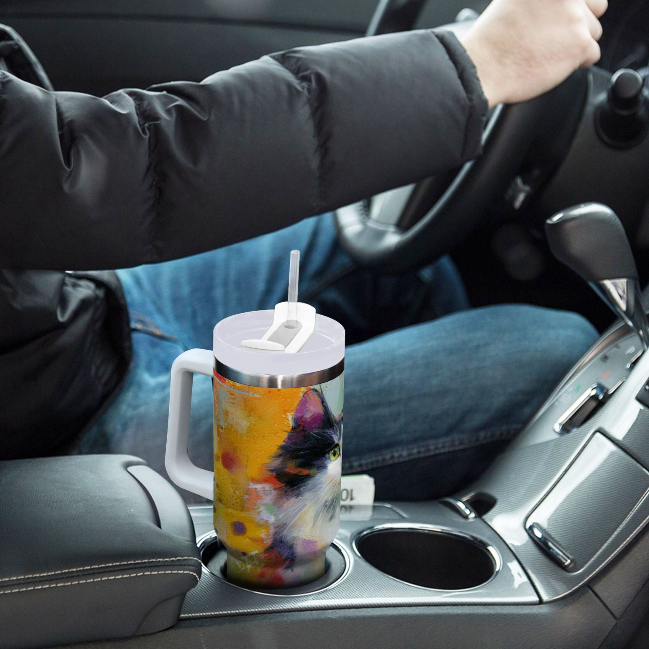 30 oz Insulated Stainless Steel Tumbler Double Wall Stainless Steel Tumbler with 2-Way Drinking Charming Hairy Cat C672W