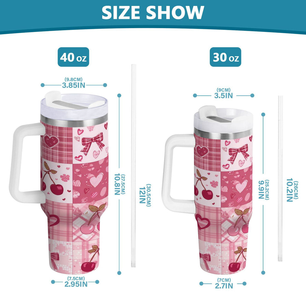 30 oz Insulated Stainless Steel Tumbler Double Wall Stainless Steel Tumbler with 2-Way Drinking Cherry Pattern with Bows C634D