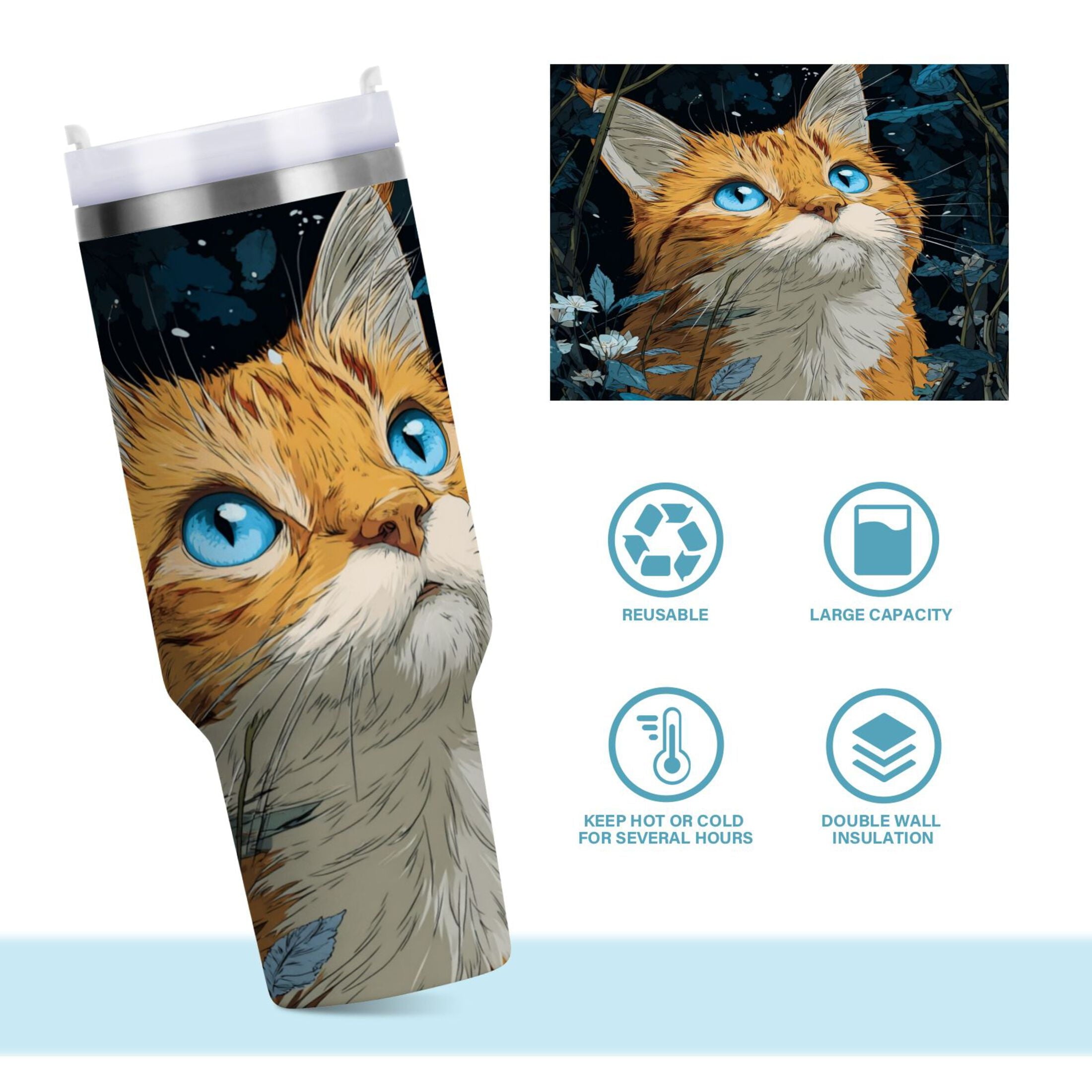 30 oz Insulated Stainless Steel Tumbler Double Wall Stainless Steel Tumbler with 2-Way Drinking Orange Cat with Blue Eyes C585D