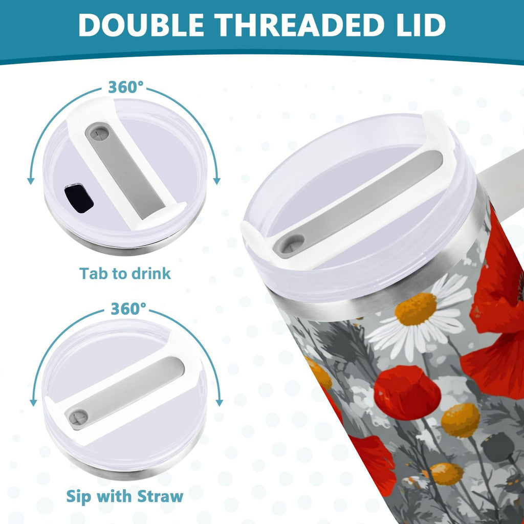 40 oz Insulated Stainless Steel Tumbler Double Wall Stainless Steel Tumbler with 2-Way Drinking Red Flowers and Daisies C498X