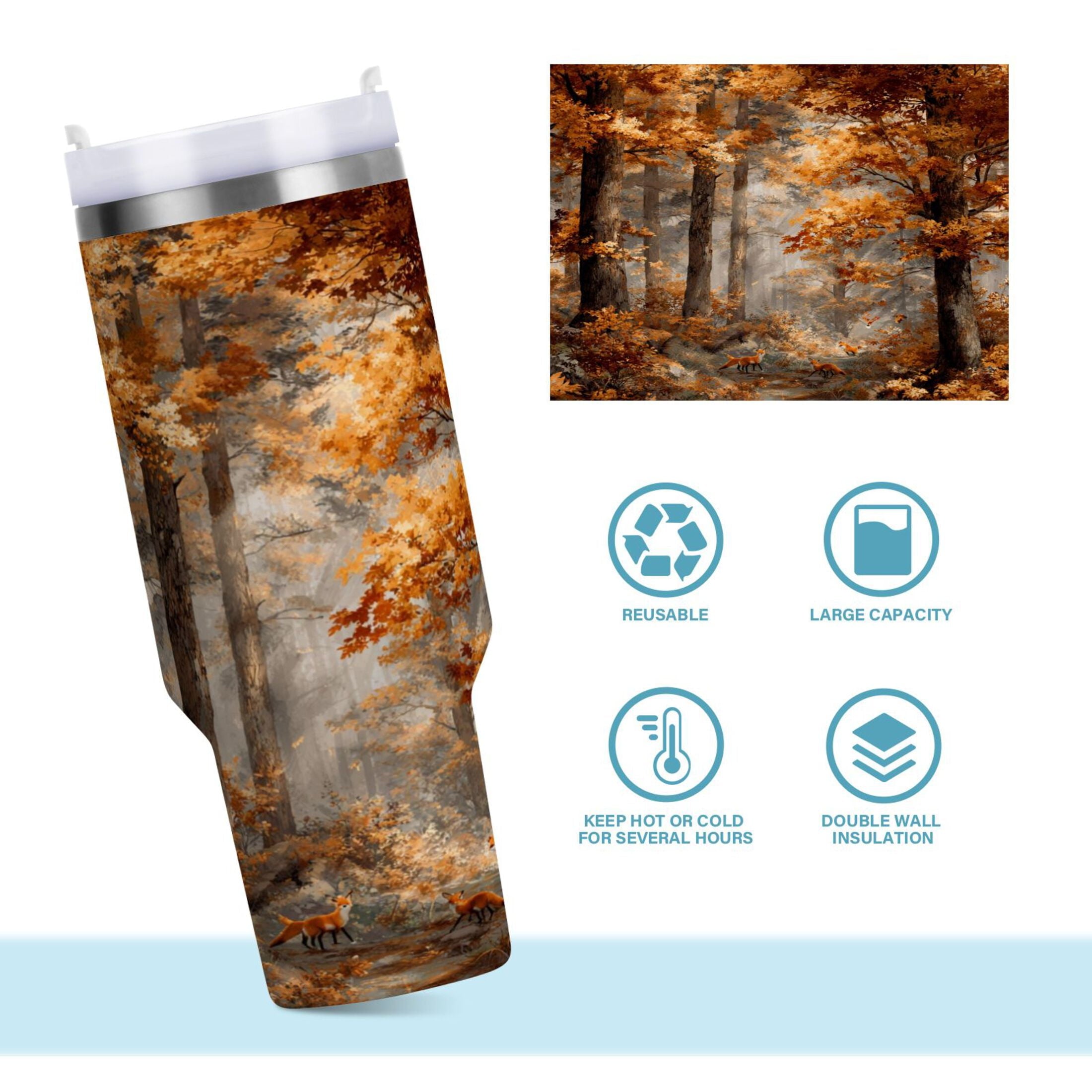30 oz Insulated Stainless Steel Tumbler Double Wall Stainless Steel Tumbler with 2-Way Drinking Beautiful Autumn Forest C556S