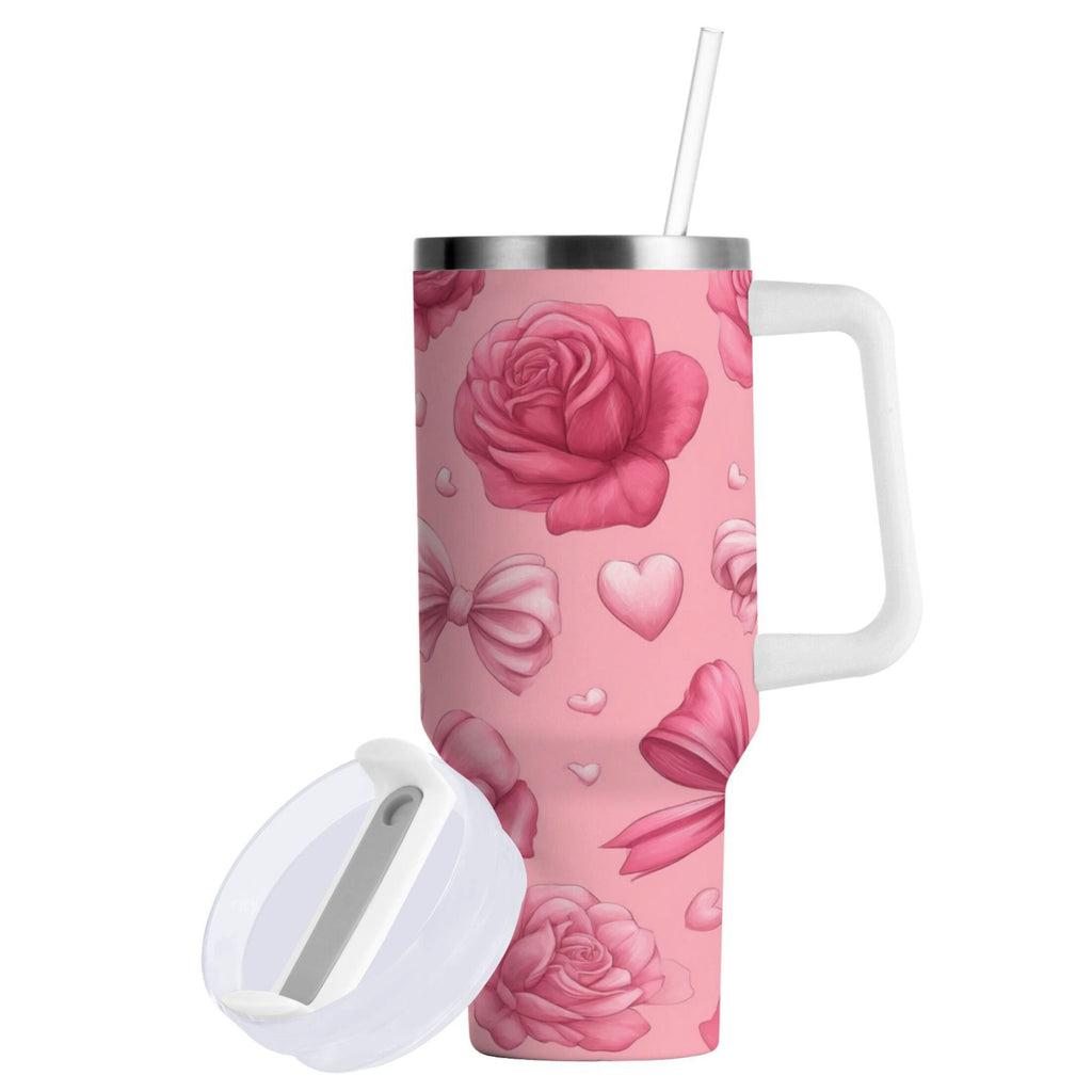 40 oz Insulated Stainless Steel Tumbler Double Wall Stainless Steel Tumbler with 2-Way Drinking Roses and Bows Pattern C661Q