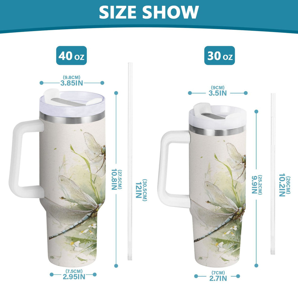 30 oz Insulated Stainless Steel Tumbler Double Wall Stainless Steel Tumbler with 2-Way Drinking Dragonflies with White Daisies C655G