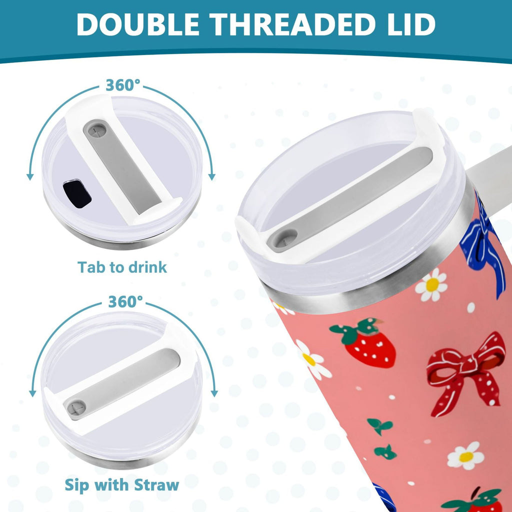 40 oz Insulated Stainless Steel Tumbler Double Wall Stainless Steel Tumbler with 2-Way Drinking Bows and Strawberries Pattern C511C