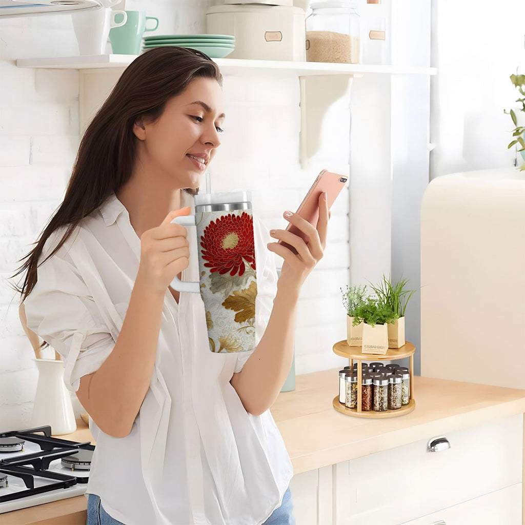 30 oz Insulated Stainless Steel Tumbler Double Wall Stainless Steel Tumbler with 2-Way Drinking Red Chrysanthemum Pattern C676E