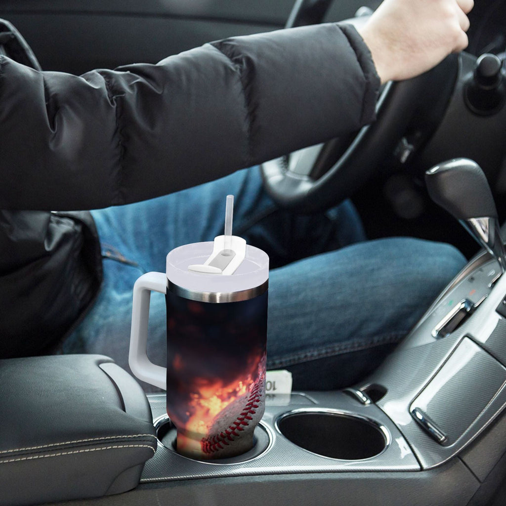 40 oz Insulated Stainless Steel Tumbler Double Wall Stainless Steel Tumbler with 2-Way Drinking Baseball with Water and Fire C680N