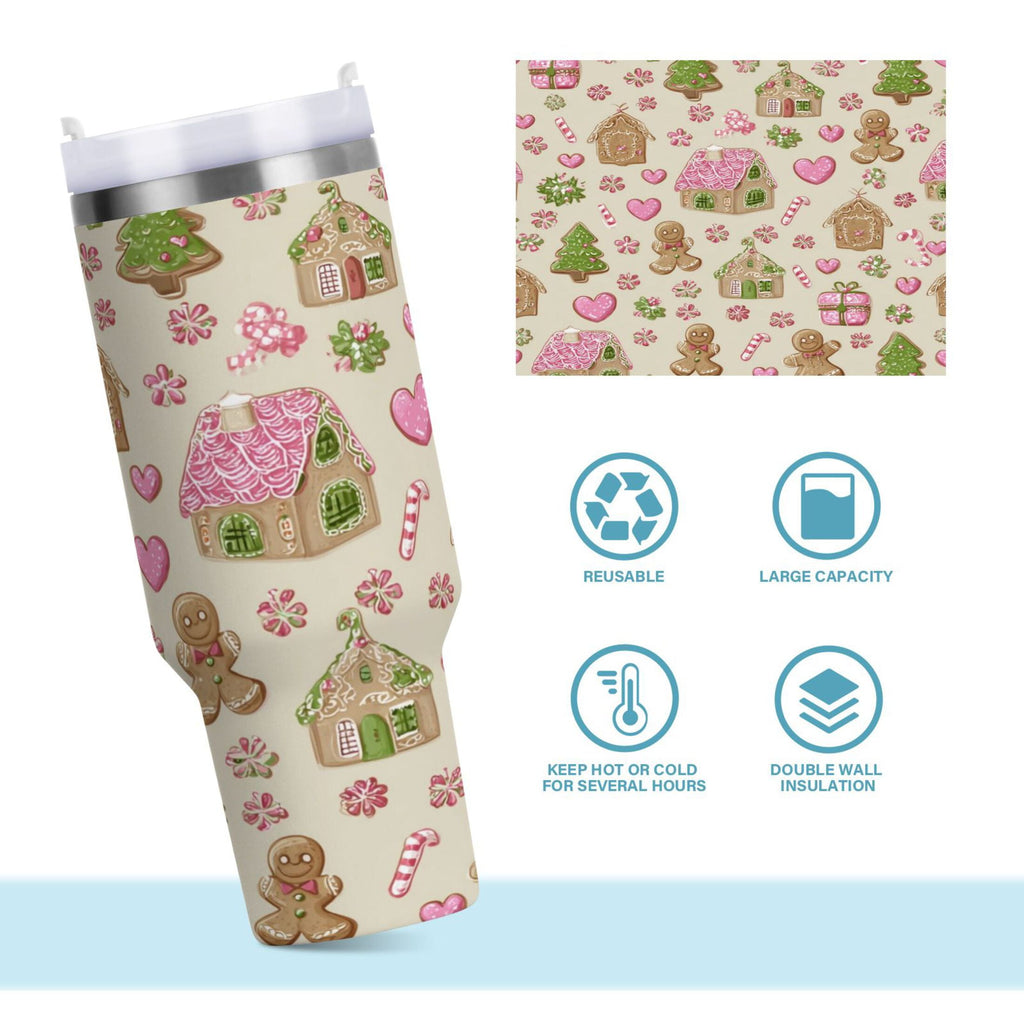 40 oz Insulated Stainless Steel Tumbler Double Wall Stainless Steel Tumbler with 2-Way Drinking Pink Cute Christmas Pattern C564U