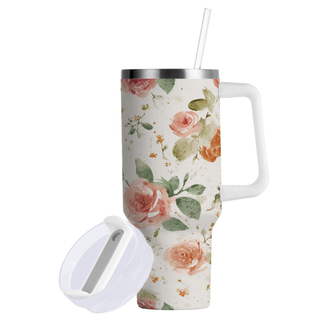 40 oz Insulated Stainless Steel Tumbler Double Wall Stainless Steel Tumbler with 2-Way Drinking Watercolor Rose Floral Pattern C499N