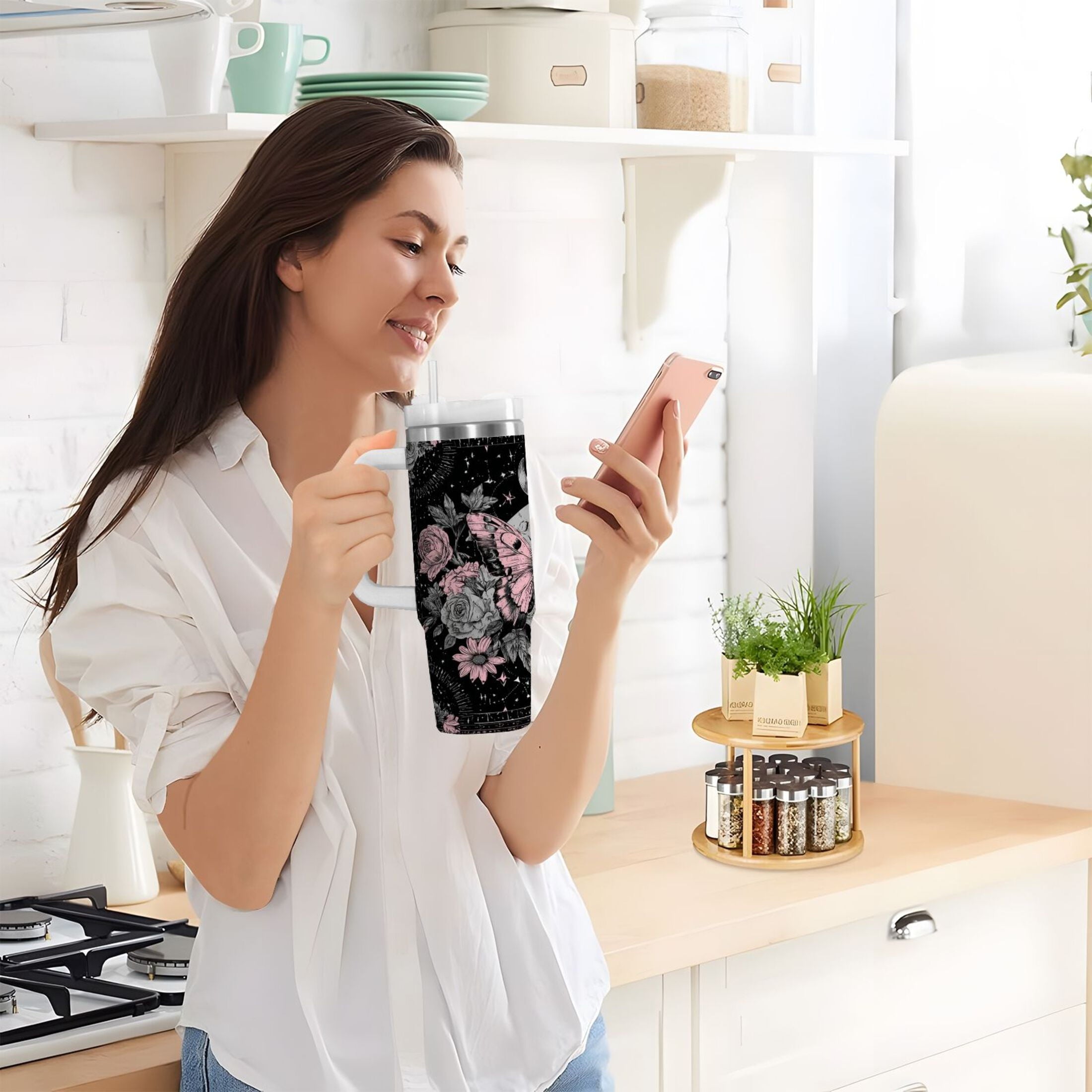 30 oz Insulated Stainless Steel Tumbler Double Wall Stainless Steel Tumbler with 2-Way Drinking Butterfly by Moon and Flowers C542G