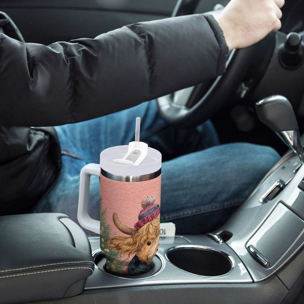 30 oz Insulated Stainless Steel Tumbler Double Wall Stainless Steel Tumbler with 2-Way Drinking Cow Wearing Scarf and Hat C663M