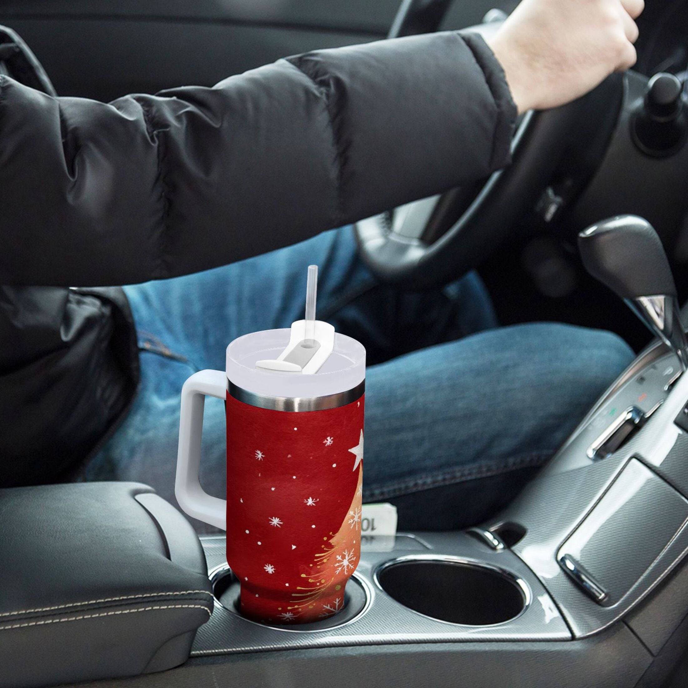 40 oz Insulated Stainless Steel Tumbler Double Wall Stainless Steel Tumbler with 2-Way Drinking Red Christmas Tree C662T