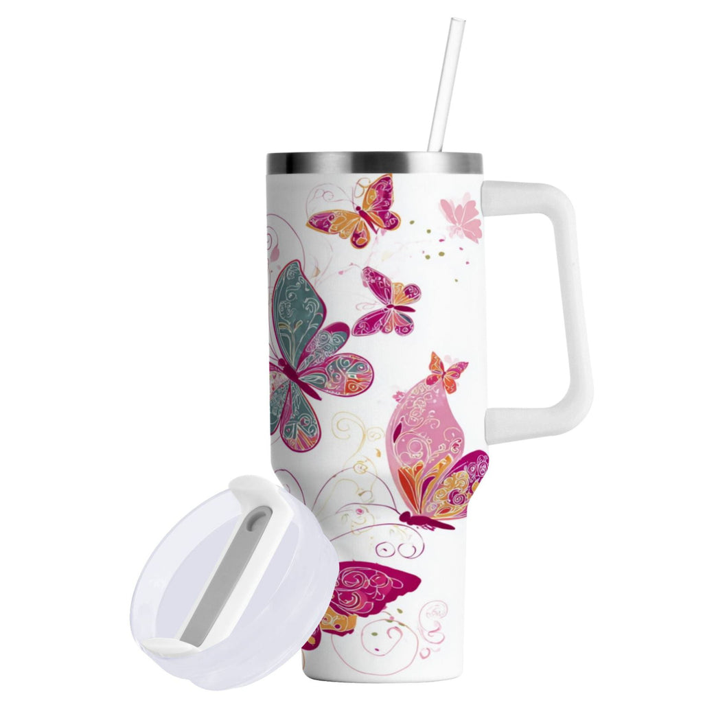 30 oz Insulated Stainless Steel Tumbler Double Wall Stainless Steel Tumbler with 2-Way Drinking Colorful Butterflies C605U